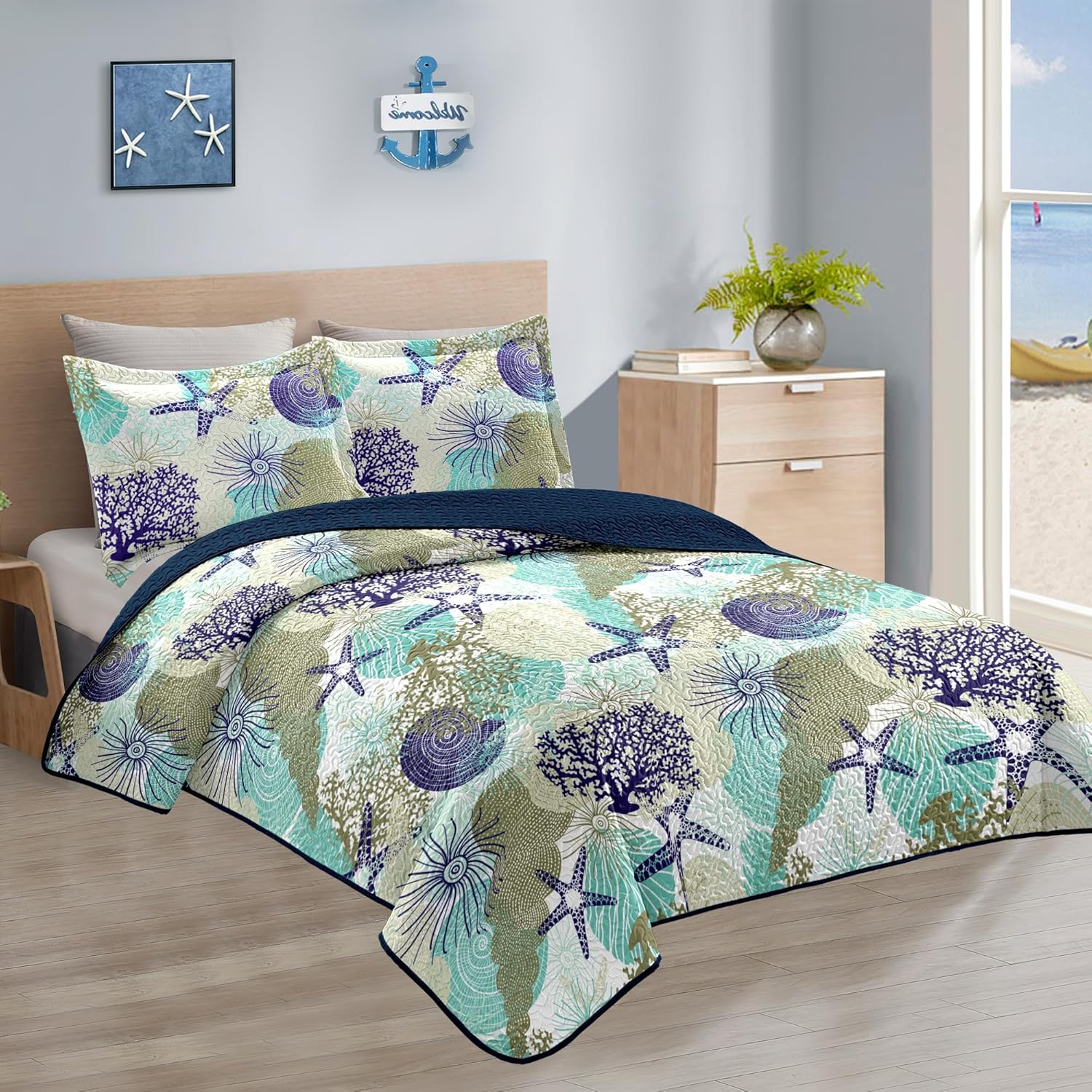 Tritard 3 Piece Coastal Quilt Sets King Size - Reversible Microfiber Quilts with 2 Shams Soft Lightweight Beach Bedding Nautical Bedspread Coverlet Summer Comforter Set for All Season, 106''x96'', C6 - Image 2