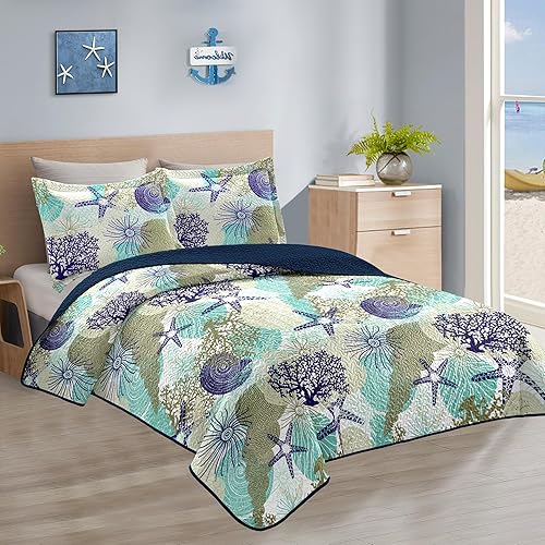 Miniatura 2 de Tritard Juego de edredón costero de 3 piezas tamaño King, edredones reversibles de microfibra con 2 fundas de almohada, ropa de cama suave y ligera,