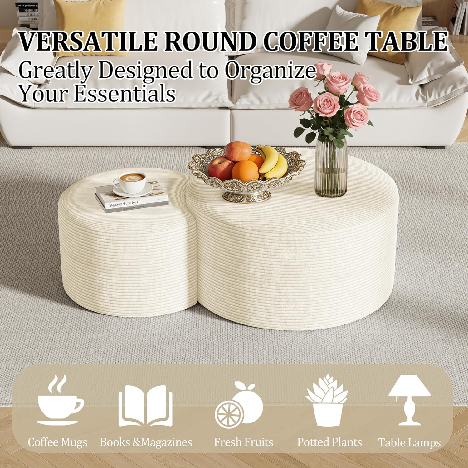 Round Nesting Coffee Table Set of 2,Upholstered Foam Ottoman Footrest Side Table Set,Modern Flannel Circle Coffee Table No Assembly for Living Room Entryway Bedroom,Beige