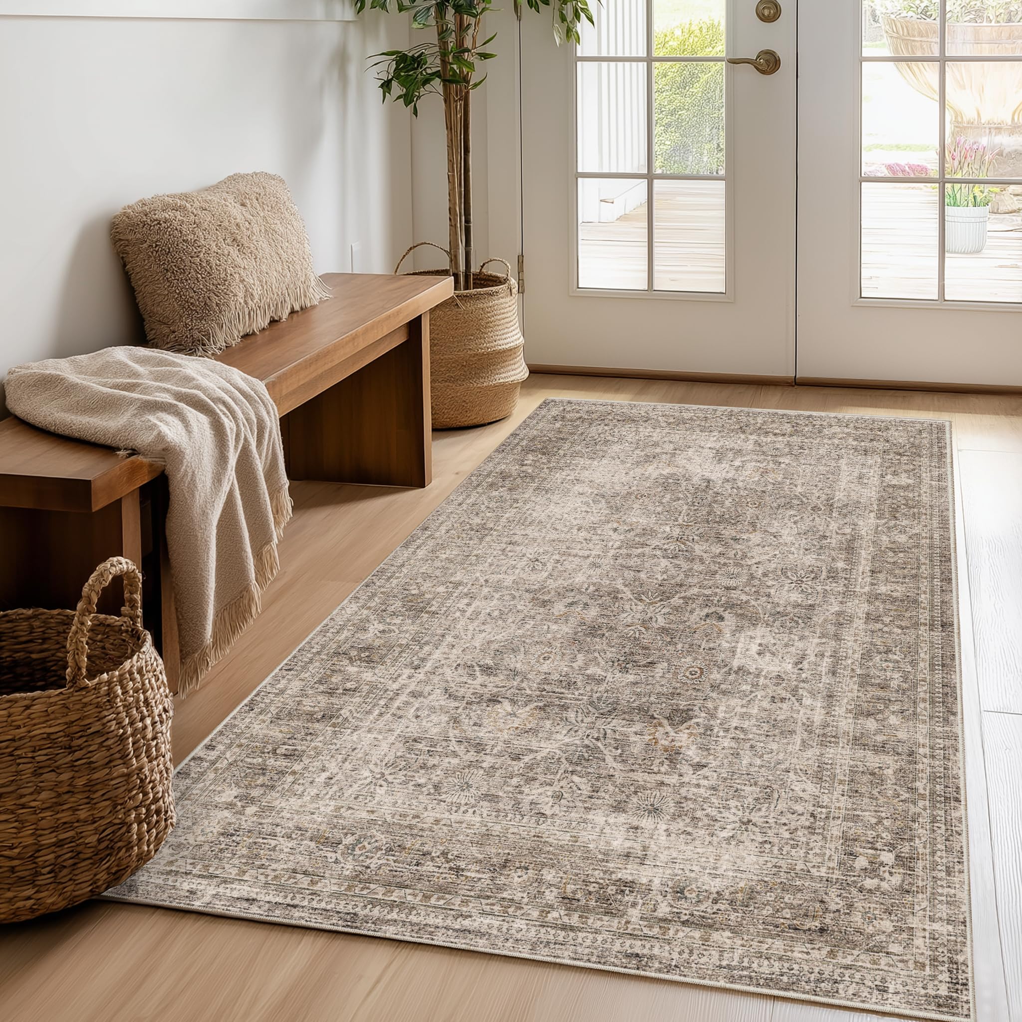 FMFUNCTEX 4x5 Washable Taupe Distressed Vintage Retro Area Rug for Entryway