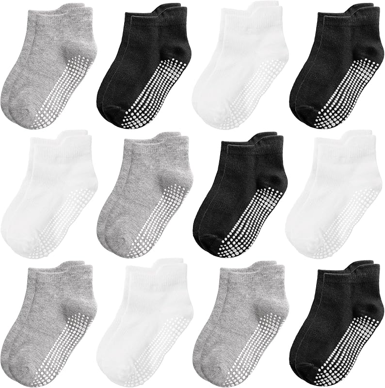 Tphon Non Slip Toddler Socks 12 Pairs Kids Grip Sock for Boys Girls Baby Ankle Socks with Gripper for 0-7 Year Children