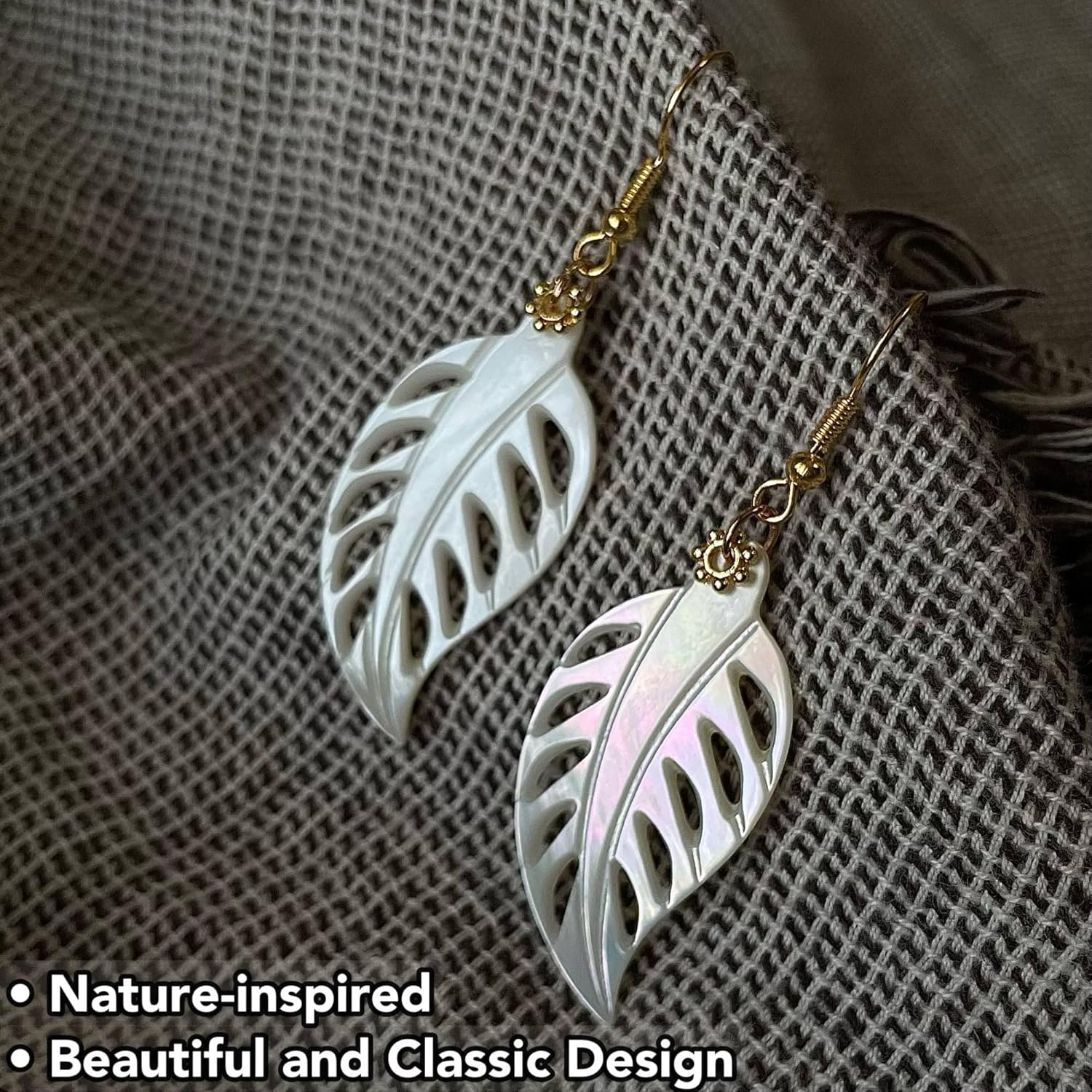 Natural Shell Leaf Earrings, Carved Mother of Pearl 18k Gold Plated Drop Dangle Earrings for Women Girl Beach Jewelry Gift