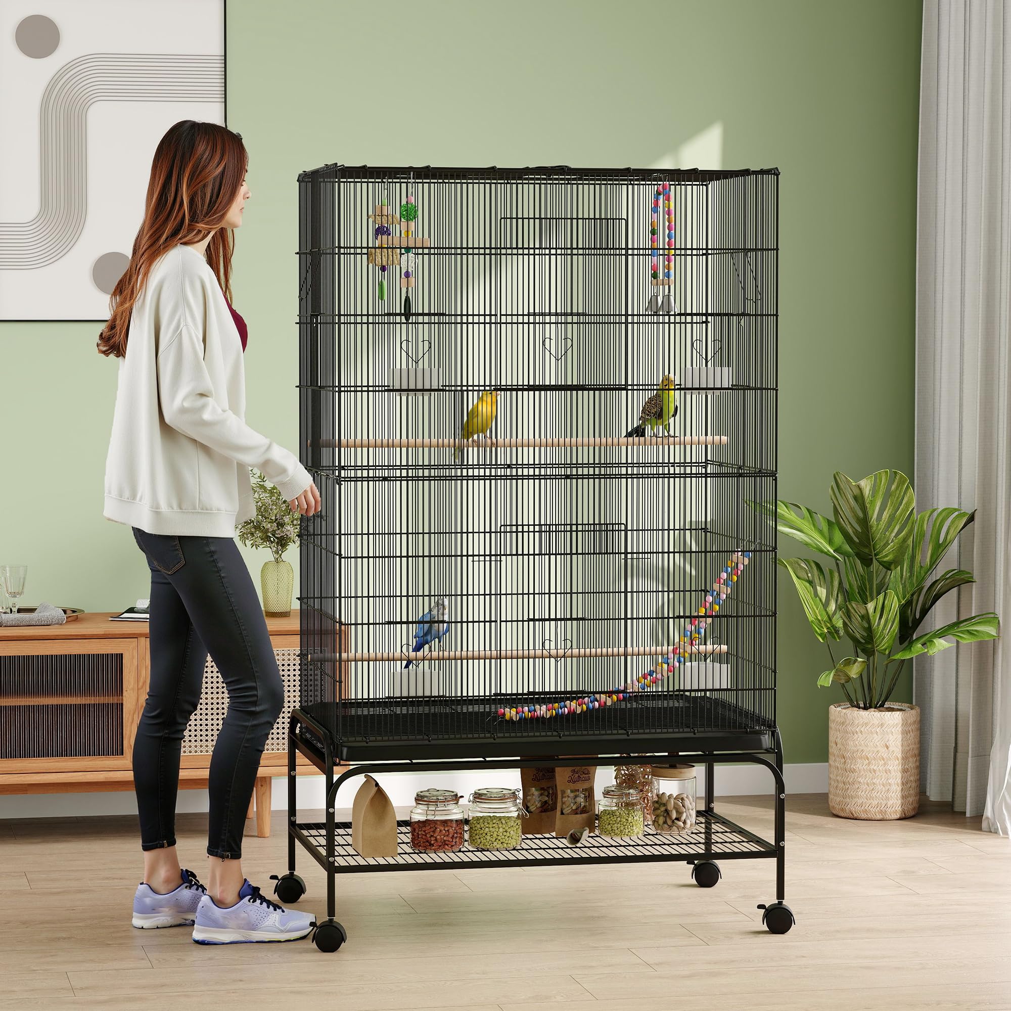 PawHut Vogelkooi groot op wielen met plank, rooster en afneembare plaat, 2 schalen van roestvrij staal, zitstang voor parkieten, 51 x 51 x 153 cm, wit