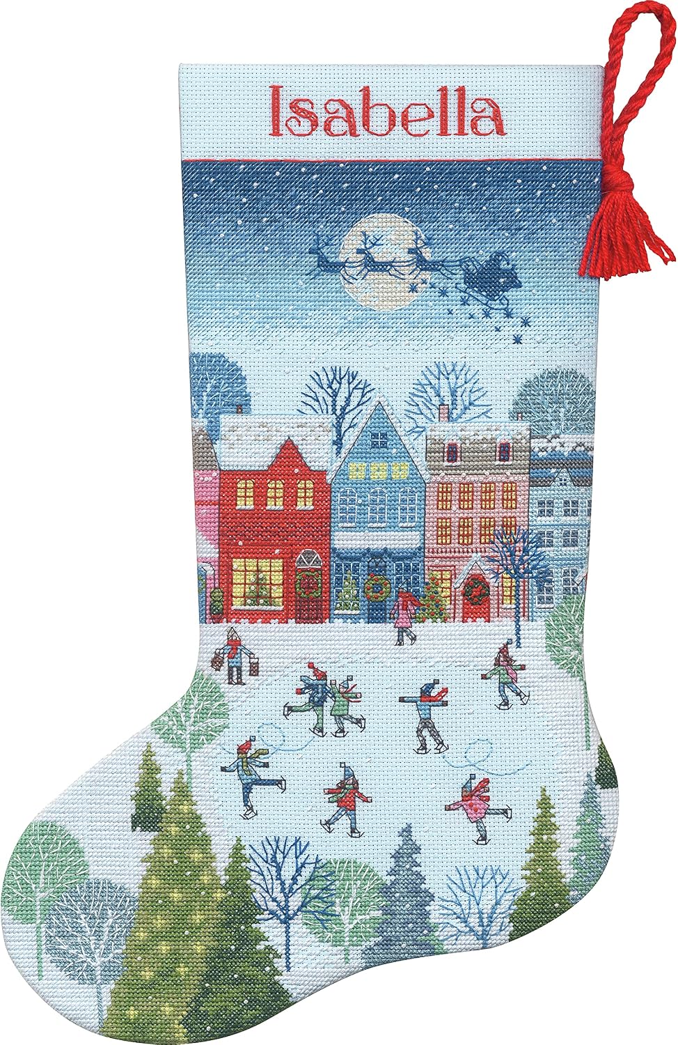 Dimensions 70-09602 Skating Counted Cross Stitch Christmas Stocking Kit, 16" Long, 14 Count Light Blue Aida, 6pcs