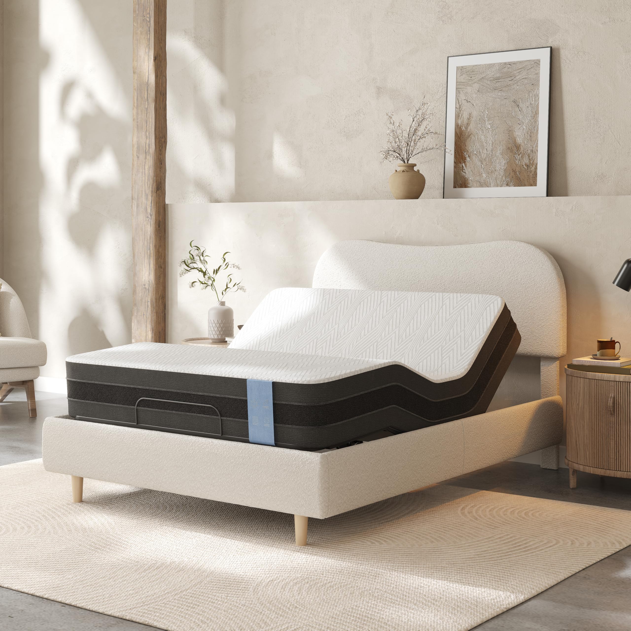 FLEXISPOT Queen All-in-One Adjustable Bed with 10" Gel Memory Foam Mattress, Linen Upholstered Bed Frame, Head & Foot Incline, Adjustable Headboard,