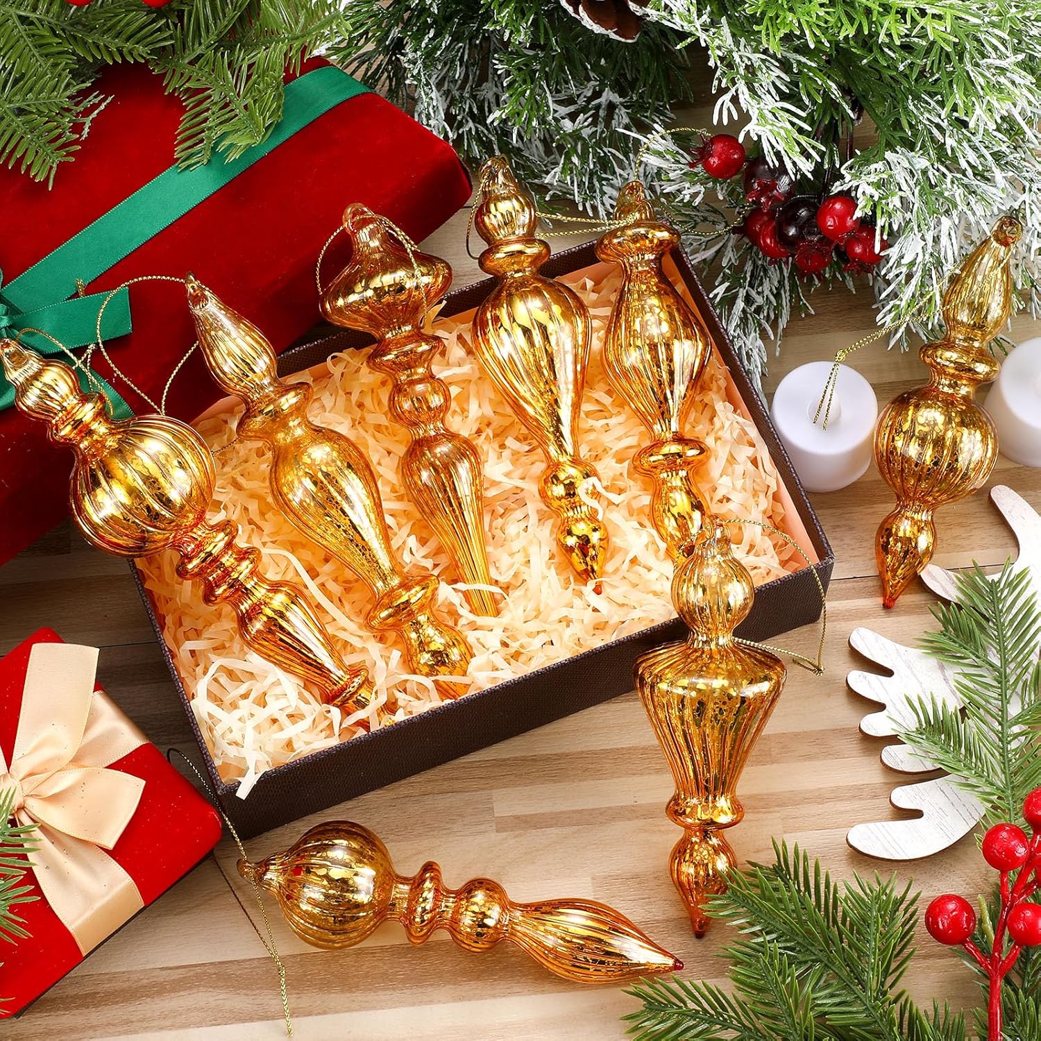 Mifoci 8 Pcs 6 Inch Mercury Glass Finial Christmas Ornaments Hanging Christmas Finials Glass Ornaments Assorted Mercury Decor for Vintage Holiday Xmas Tree Decoration(Gold)