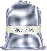 Tex family Sacchetto Asilo Ricamato e Personalizzato Misura Cm. 34x48 a Quadretti - Azzurro
