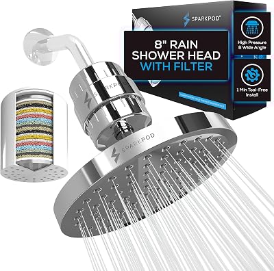 SparkPod Luxury Filtered Shower Head Set 23 Stage Shower Filter - Reduces Chlorine and Heavy Metals - High Pressure Showerhead Filter (8" Round, Polished Chrome Finish)