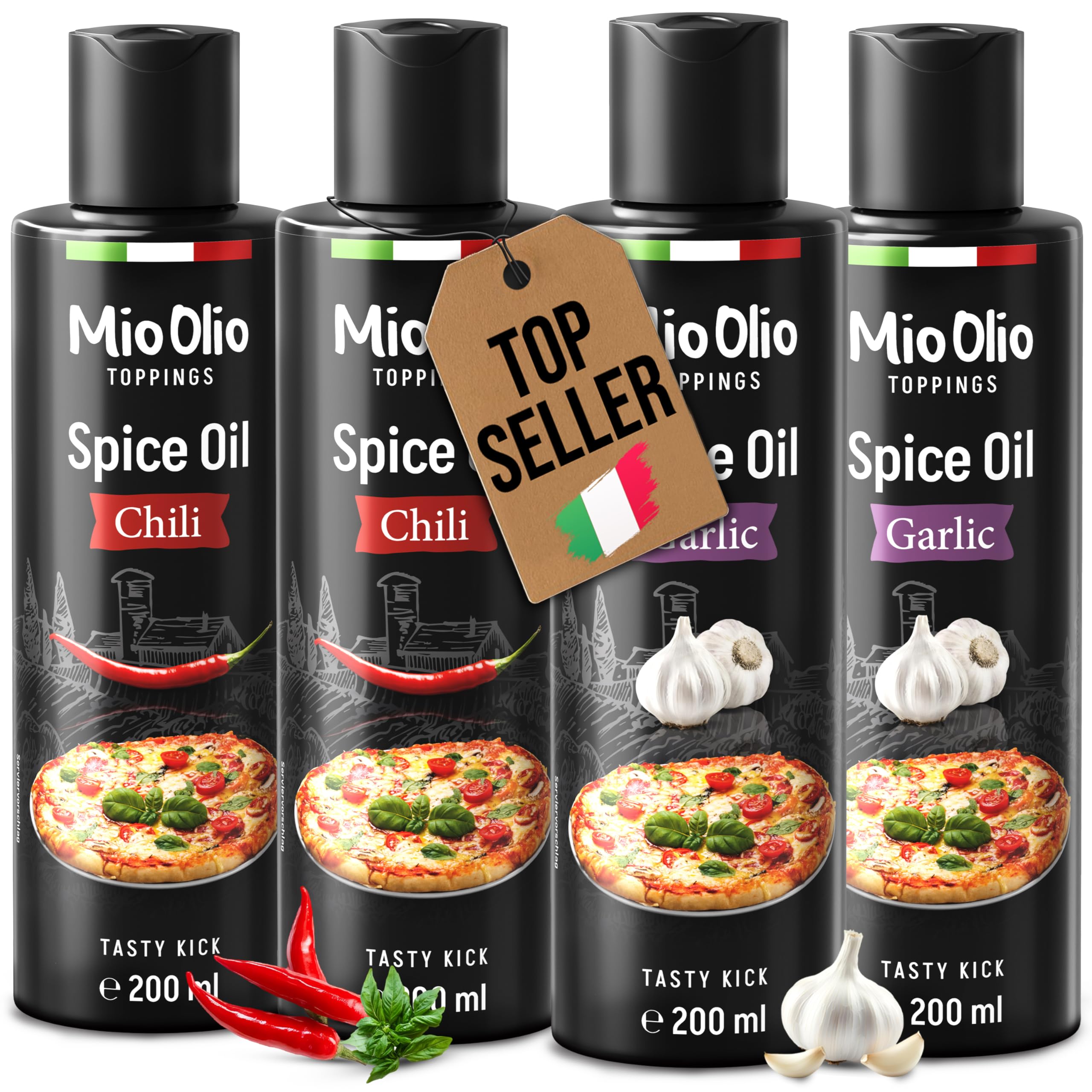 MioOlio Gewürzöl Set – 2×200 ml Knoblauchöl & 2×200 ml Chiliöl – aromatisiertes Öl zum Kochen, Braten & Verfeinern – praktischer Dosierer – für Pasta, Pizza, Fleisch, Fisch & Gemüse