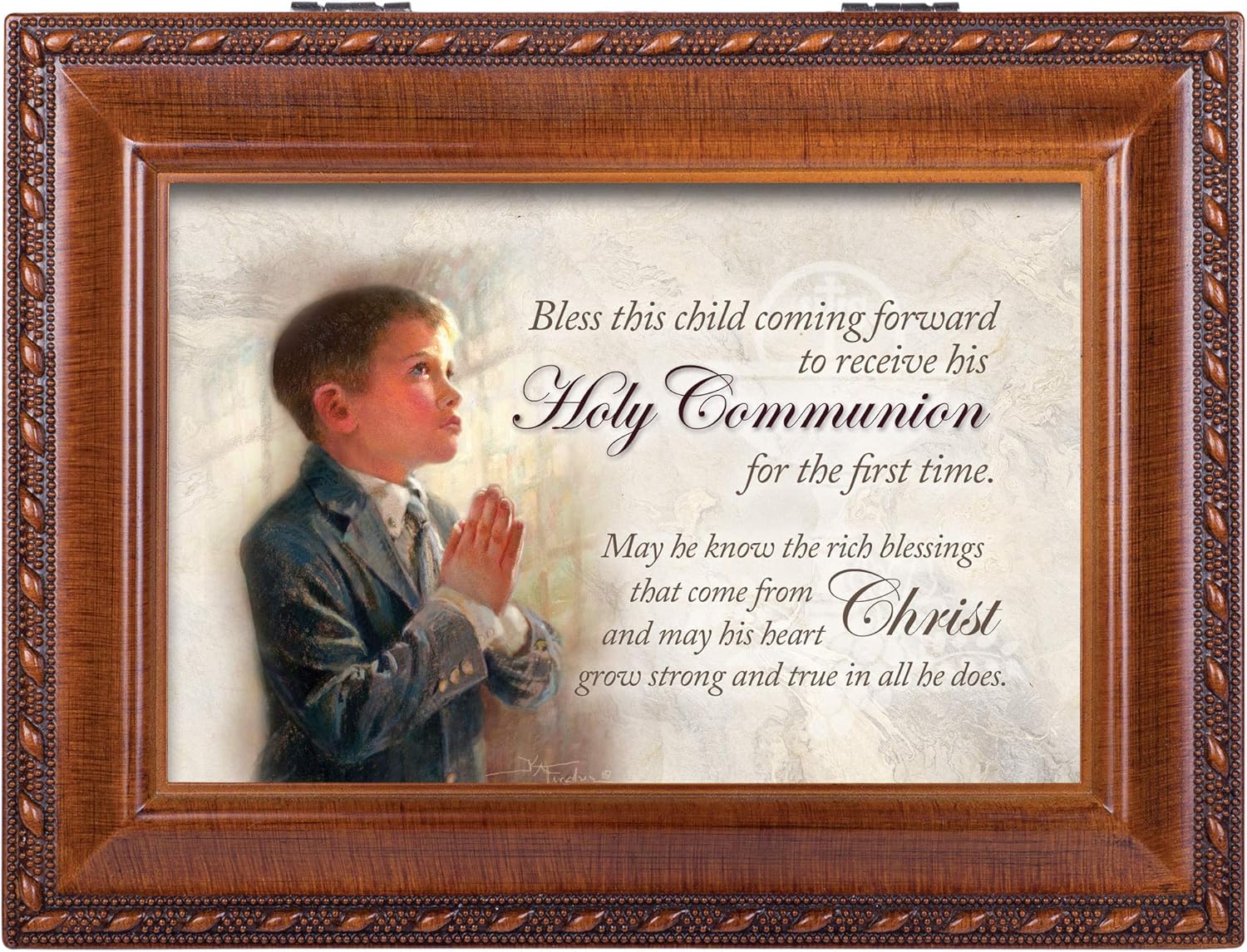 Cottage Garden Holy Communion Woodgrain Rope Trim Music Box Plays Friend in Jesus