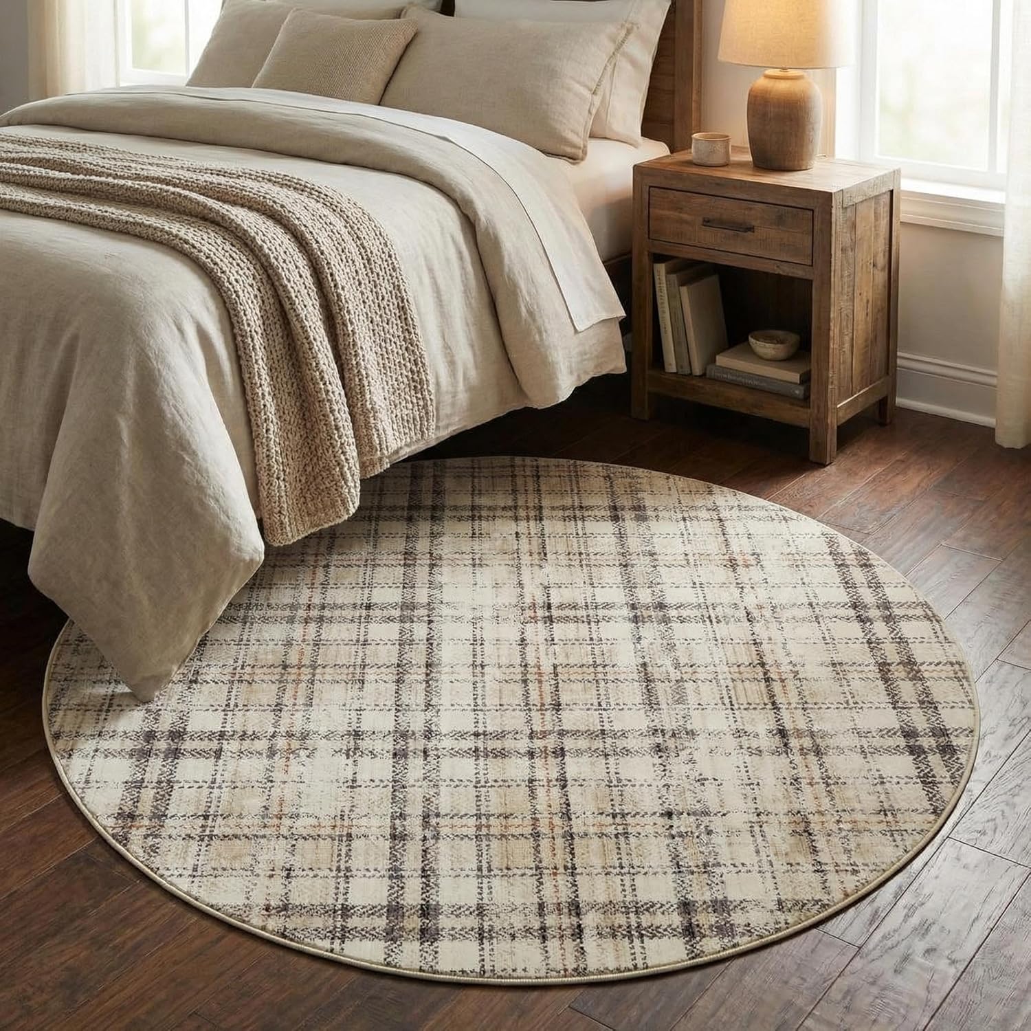 4ft Round Rug Washable Rug Non Slip Plaid Entryway Rugs Low Pile Non-Shedding Thin Foldable Carpet Indoor Soft Non-Shedding Floor Cover for Nursery Foyer Under Table Office Nursery Beige