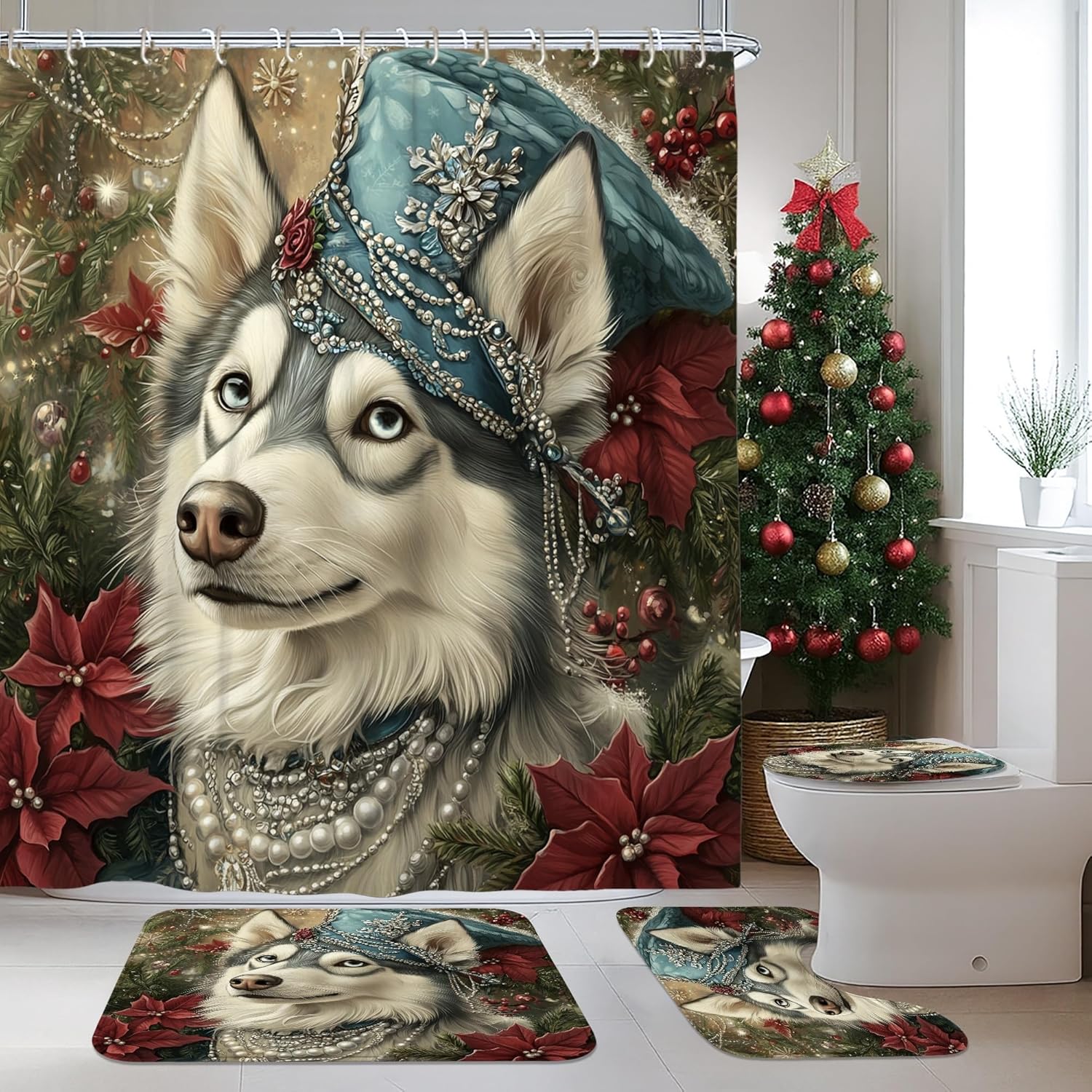 4PCS Vintage Christmas Husky Dog Bathroom Sets, Bath Accessory with Non-Slip Rug, U Shape Toilet Lid Cover Mat, Retro Xmas Puppy Bathroom Decor-72''x72''