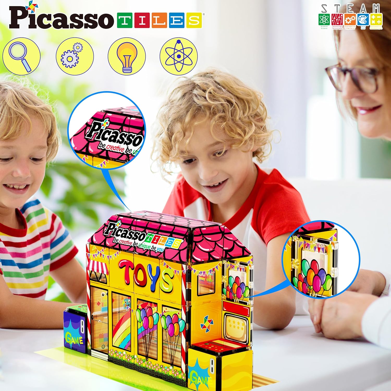 PicassoTiles Magnet Building Tiles+Toy Shop Theme Construction Kit, Magnetic Tiles Building Blocks Construction Toy Block Stack, Magnetic Tiles Kids Shop Store Theme Pretend Play Castle