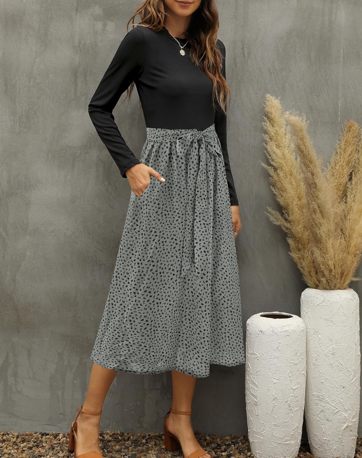 Zattcas Women 2026 Spring Dress Long Sleeve Ribbed Teacher Church Modest Business Casual Work Outfits Midi Dress - Image 2