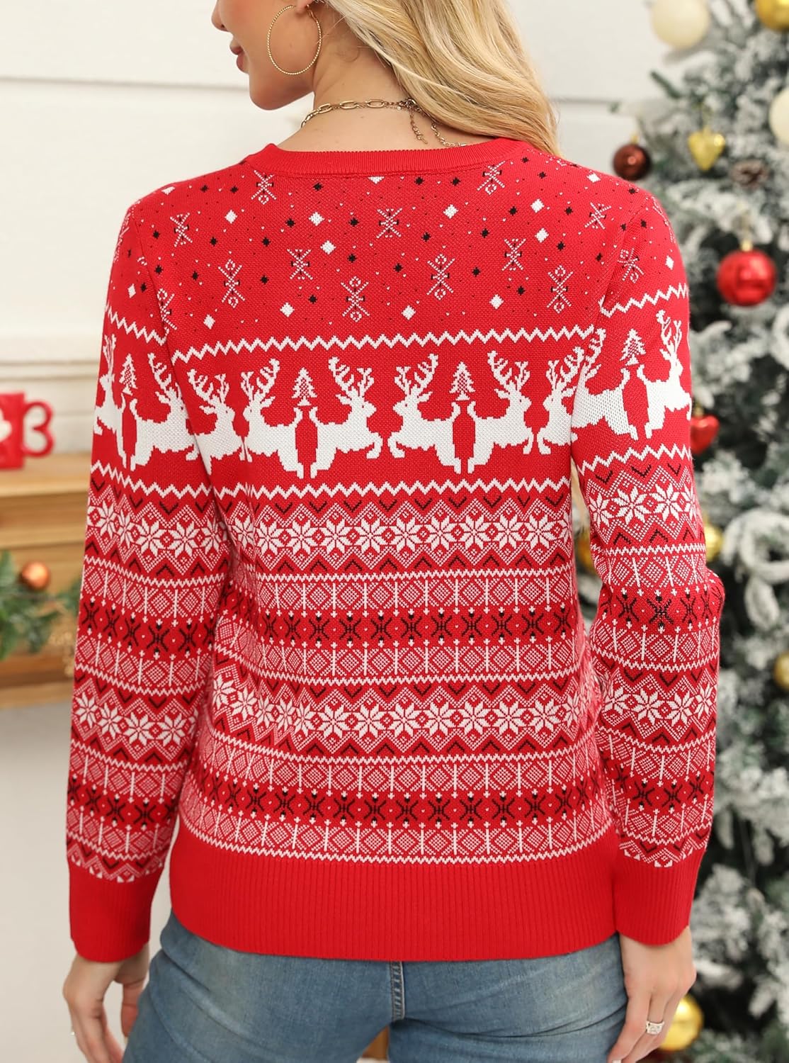 Women's Christmas Sweater,Crew Neck Long Sleeve Soft Warm Winter Snowflake Reindeer Xmas Pullover Tops - Image 4