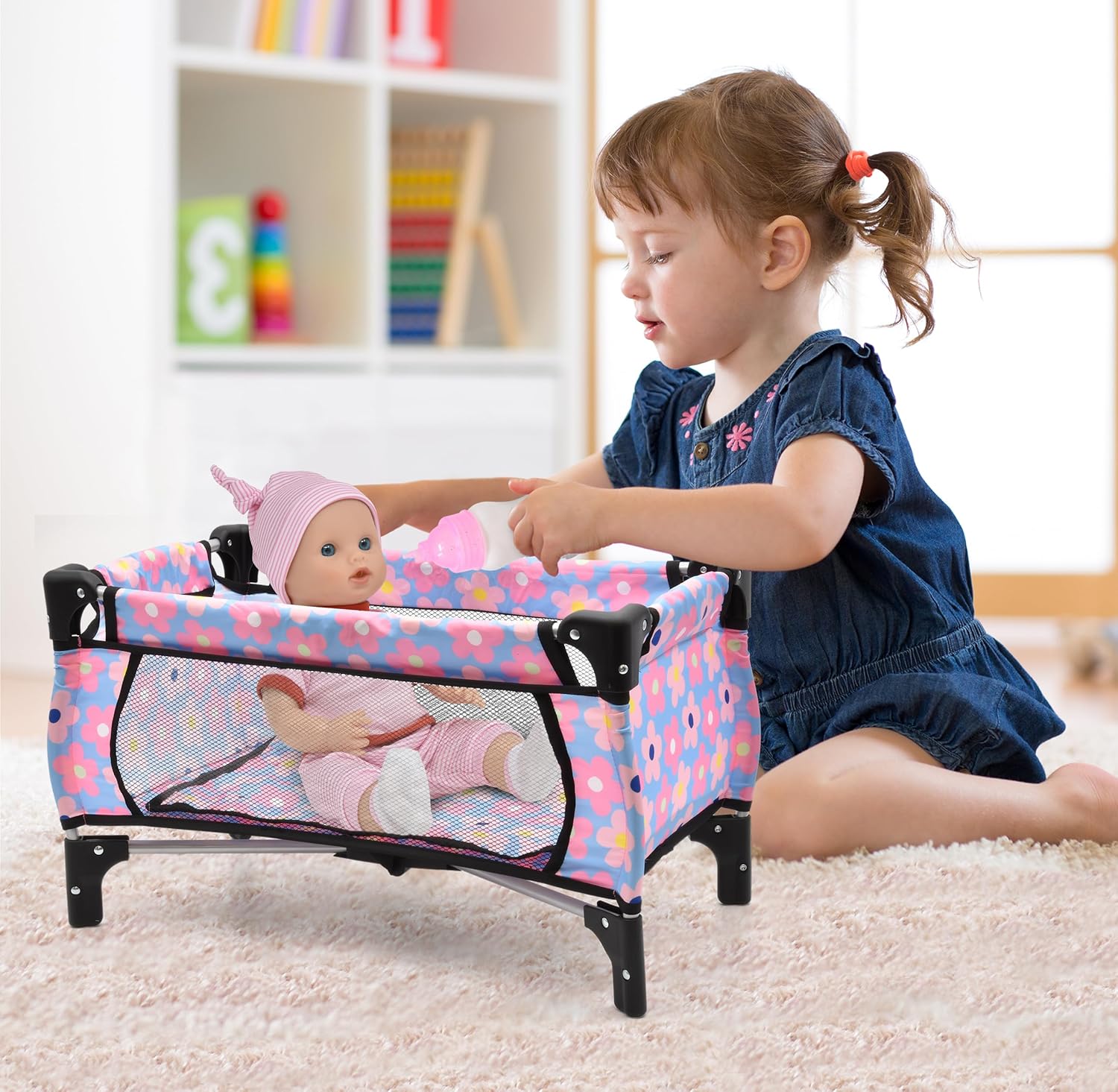 Baby Doll Crib Playpen with Storage Bag Compact Foldable for Girls Toddlers Children Toy Bed Set Dolls Furniture Pretend Play Kids Gift Blue