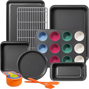 Kikcoin Bakeware Set, 22 Pcs Carbon Steel Non-Stick Baking Pan Set, Baking Sheet for Kitchen, Muffin Pan & Cookie Sheet & Cake Pan, Oven Safe up to 446F