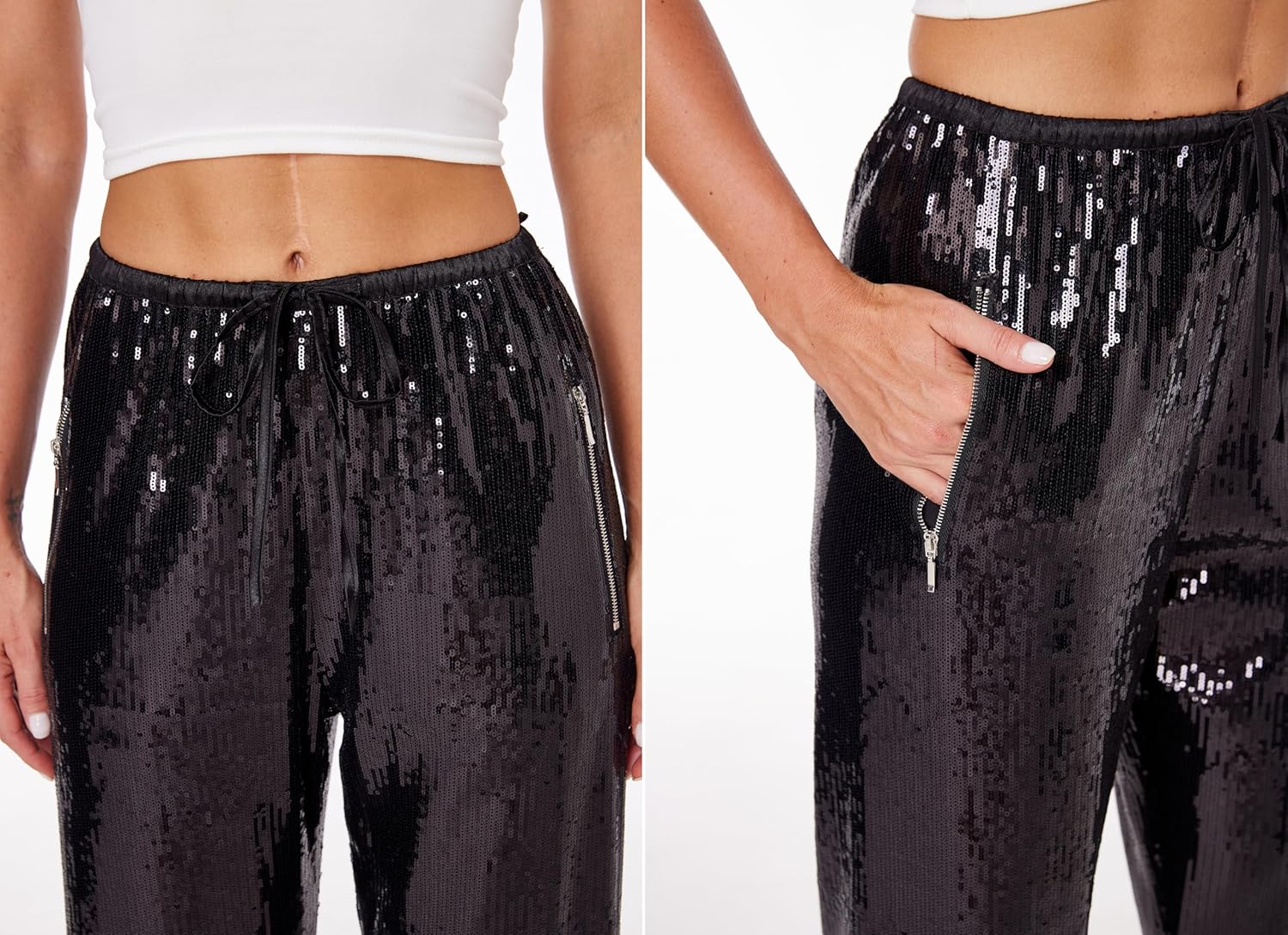 Women's Sequin Pants Shiny Sparkly Party Club Night Out Metallic Casual Wide Leg Pants Trousers - Image 2
