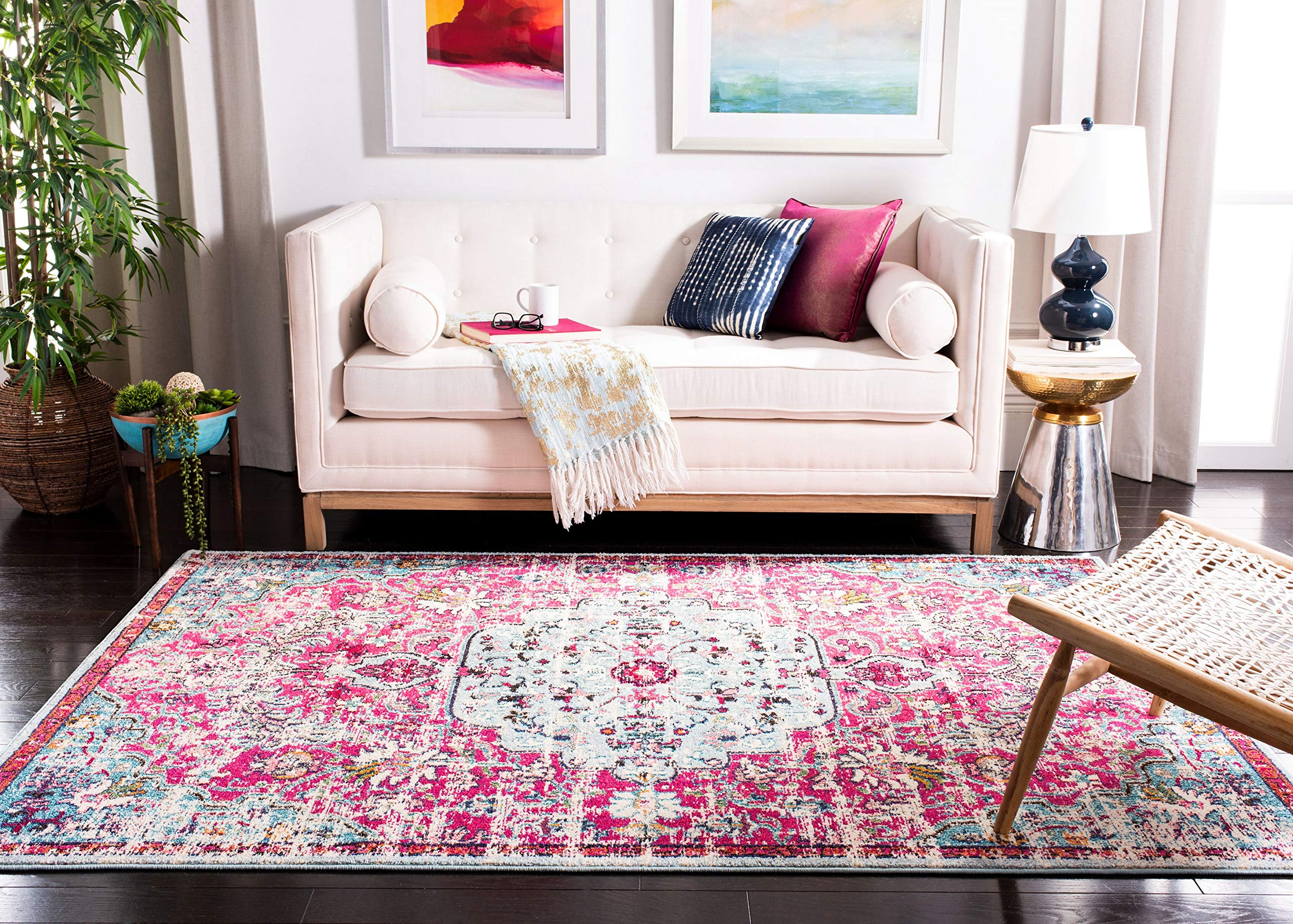 SAFAVIEH Tapis Boho pour Salon, Salle à Manger, Chambre à Coucher - Madison Collection, Tapis à Poil Court, Fuchsia et Sarcelle, 160 X 229 cm