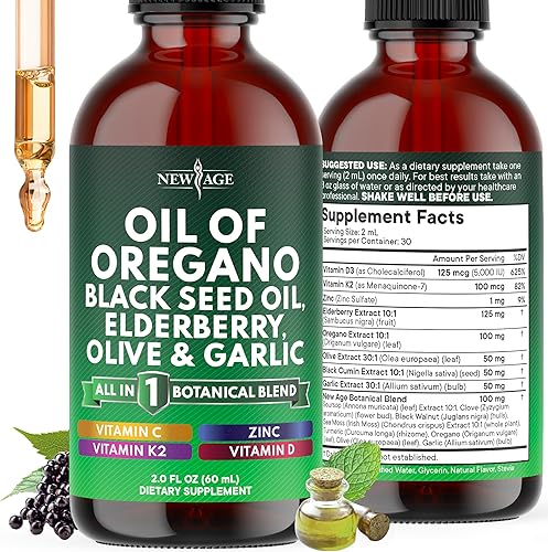 Miniatura 9 de NEW AGE Gotas de aceite de orégano - Aceite de semilla negra, saúco, vitamina D, D3, K2, oliva, ajo, suplemento de apoyo inmunológico, fórmula