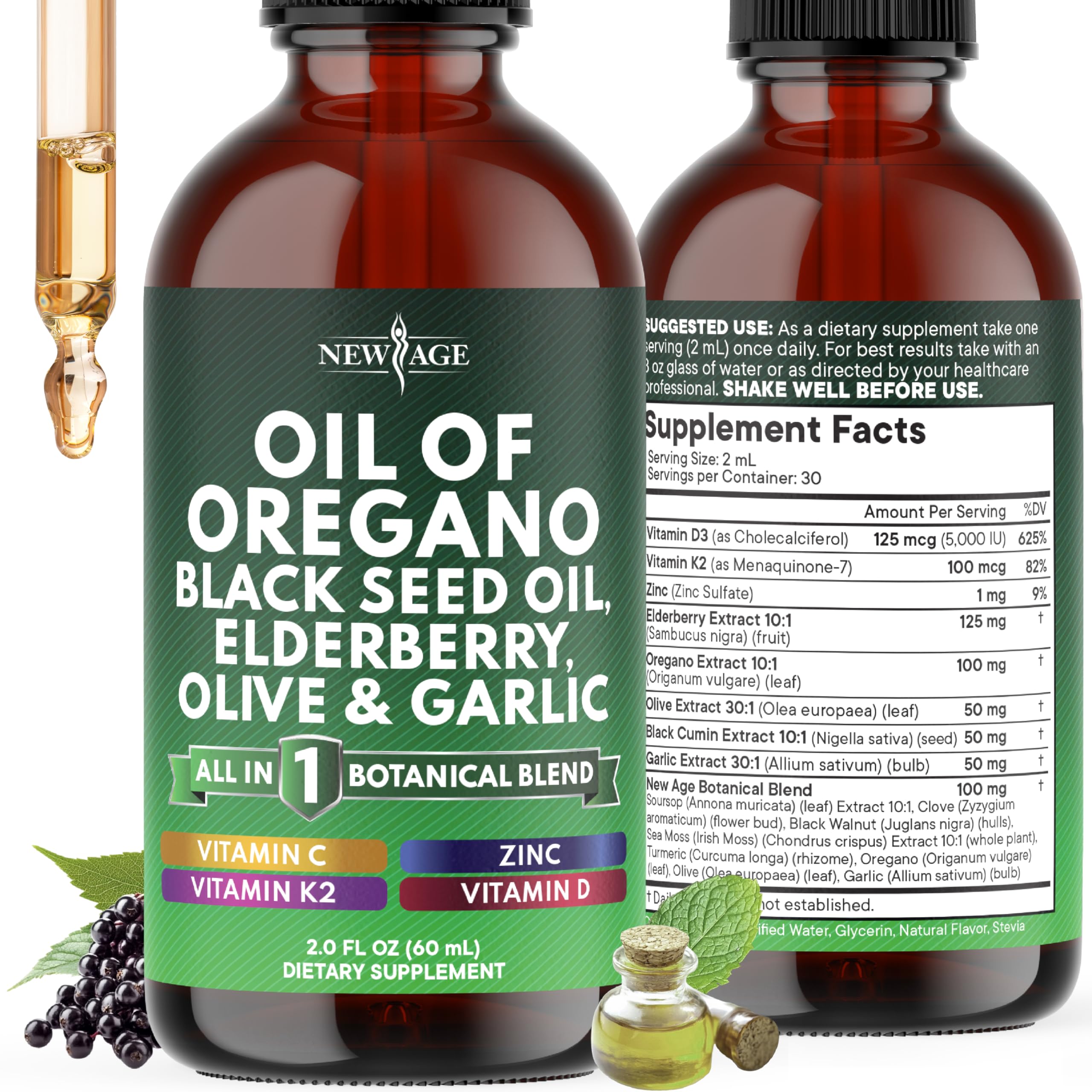 NEW AGE Suplemento para a Imunidade em gotas com óleo de orégano, óleo de semente preta, elderberry, vitaminas D3 e K2, azeite, alho e zinco, 60 mL