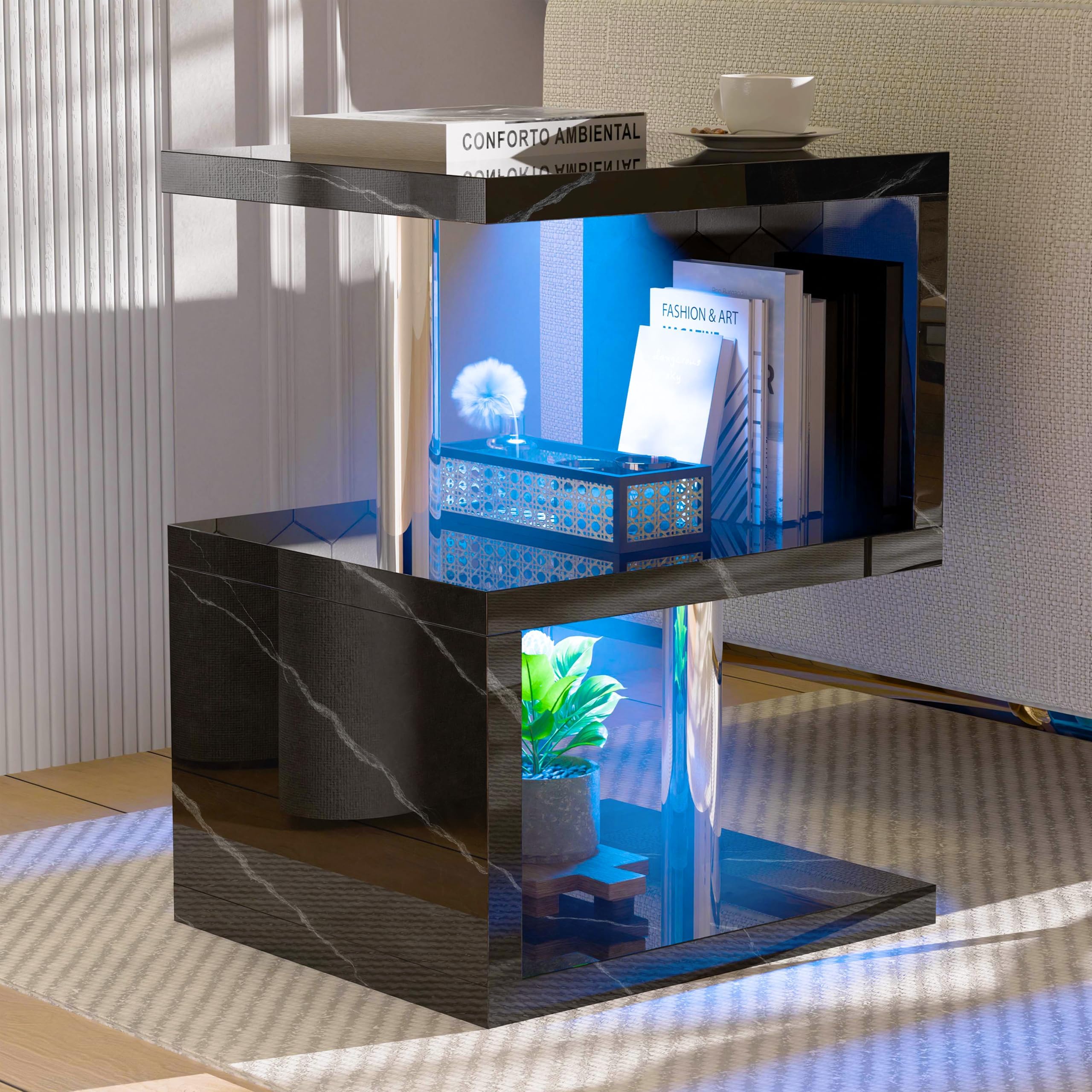 Blisswood High Gloss Small Side Table, S-Shaped Sofa Side Table with Storage Shelves & RGB LED Lights, Modern End Table for Living Room, Bedroom or Small Spaces, Black Marble