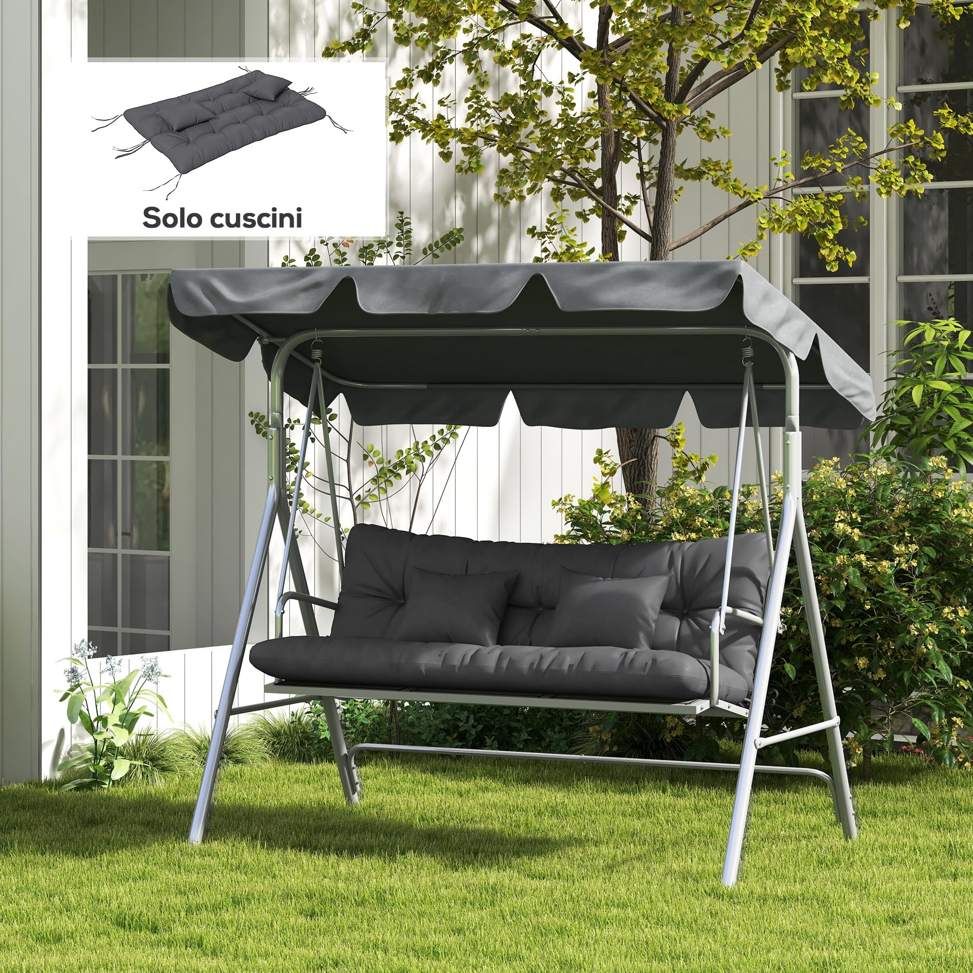Outsunny Cuscini da Giardino Set 4 Pezzi per Schienale e Seduta con Imbottitura Spessa, Cuscini da Esterno in Poliestere, Senza Altalena, Grigio Carbone