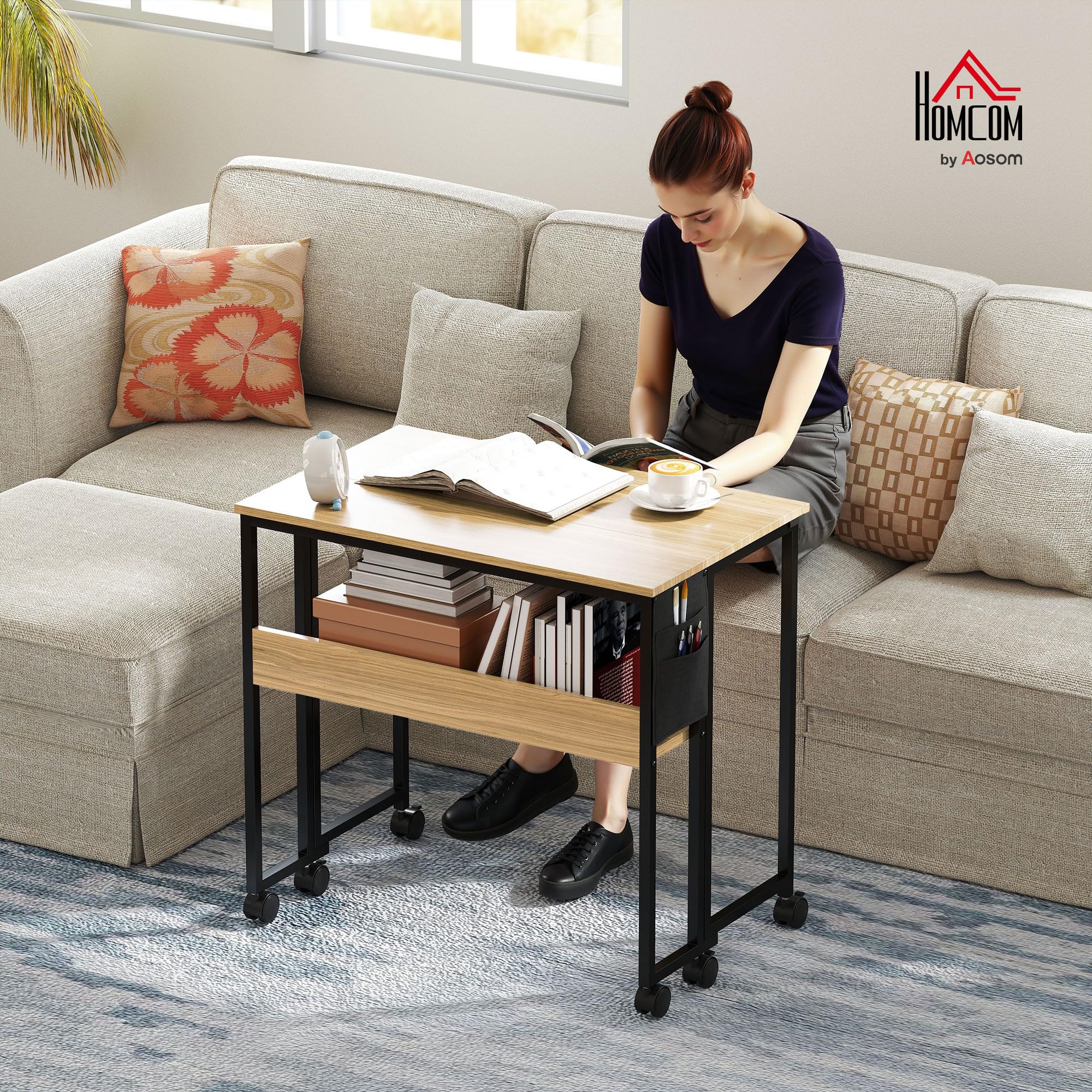 HOMCOM Escritorio plegable con ruedas, mesa de ordenador 80 x 50 cm con estante y bolsa de almacenamiento, mesa de estudio para oficina en casa, dormitorio, espacios pequeños, roble | Con estante y bolsa de almacenamiento, mesa de estudio, para oficina en