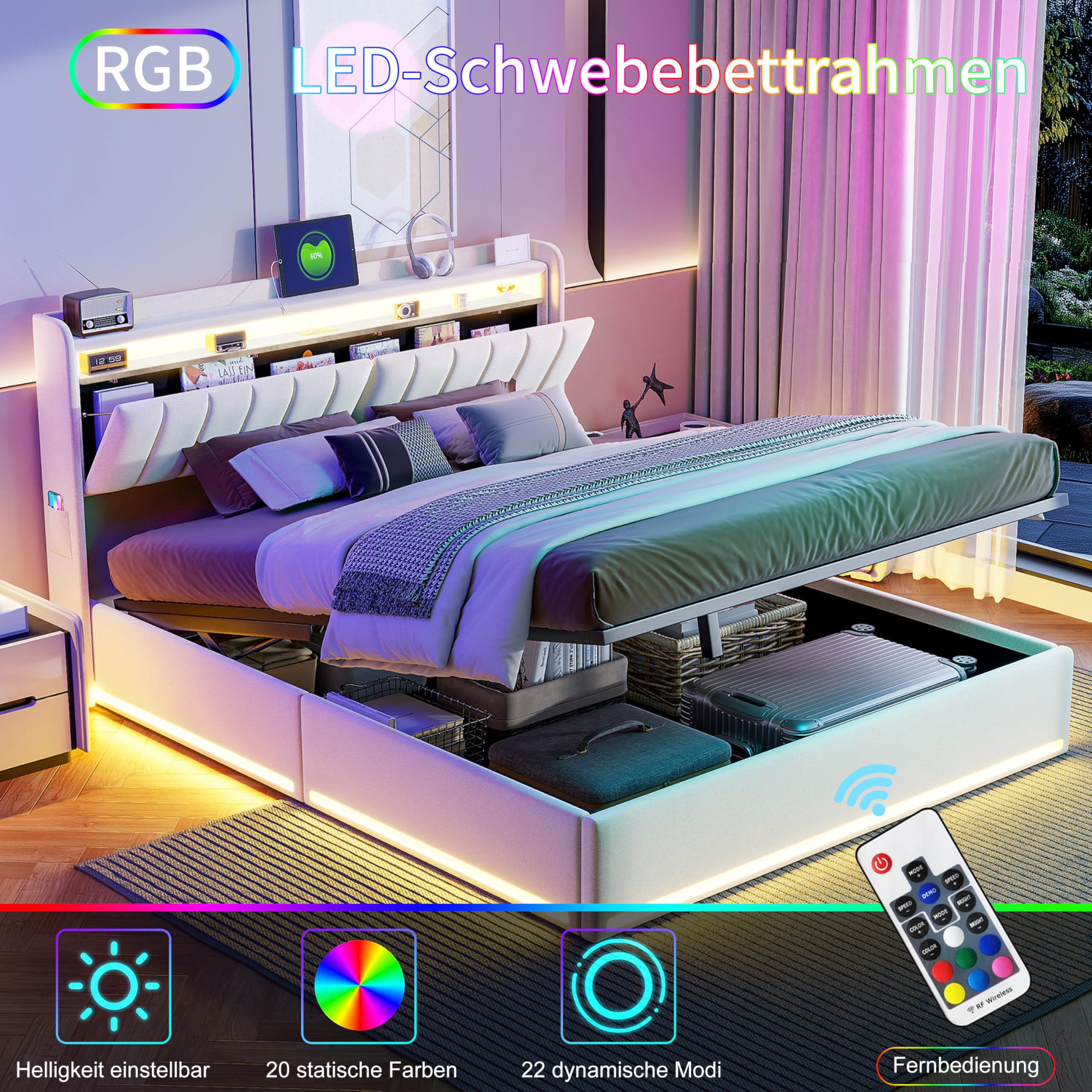 Letto matrimoniale 160 x 200 con luci a LED, letto imbottito con stoccaggio e caricatore letto con USB e luce LED telaio per letto idraulico con testiera in velluto (B velluto beige, 160 x 200 cm)