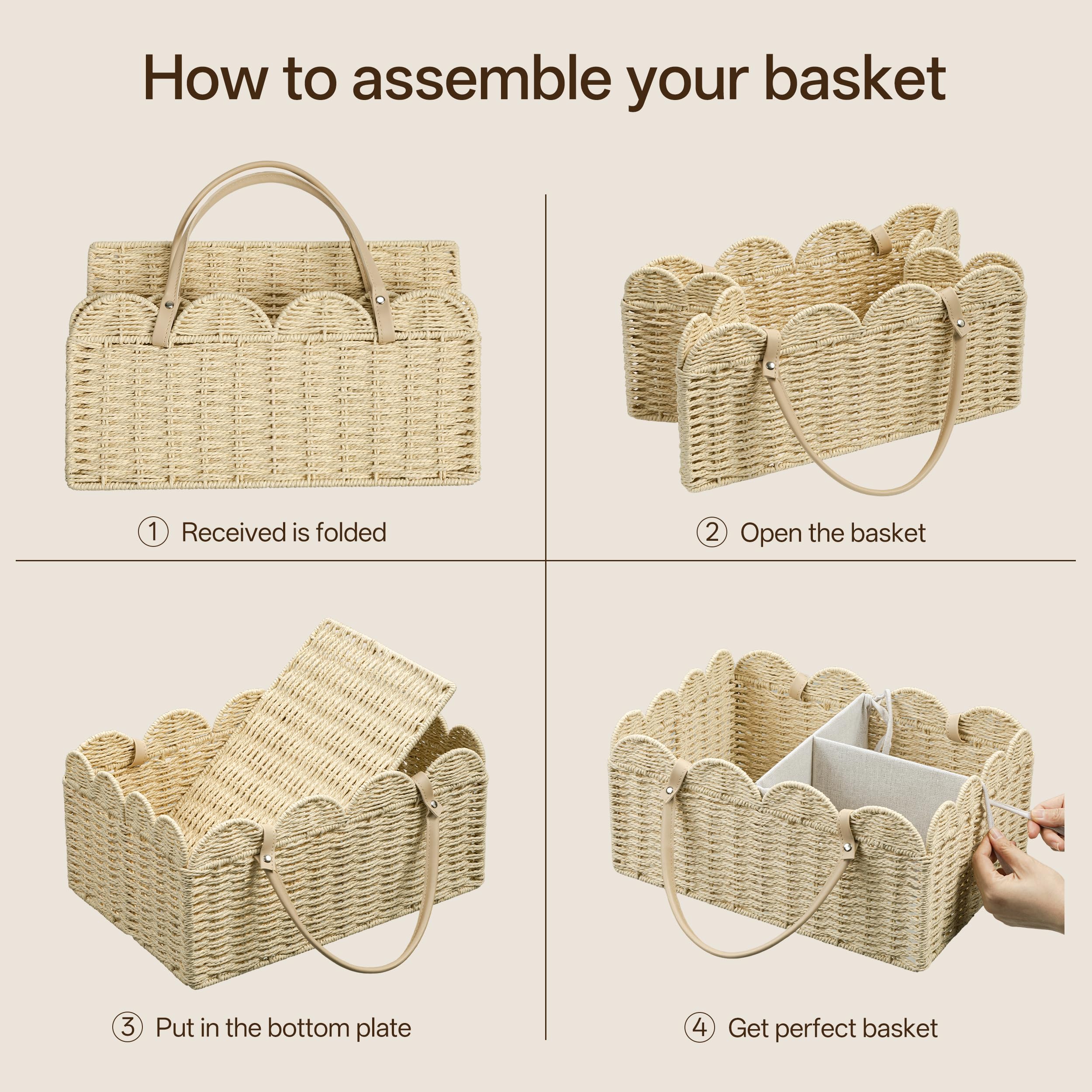 Angelhood Organizador de pañales de cuerda de papel festoneado, organizador de pañales para bebé con divisores para cambiador, guardería y coche, cesta de regalo portátil para bebé