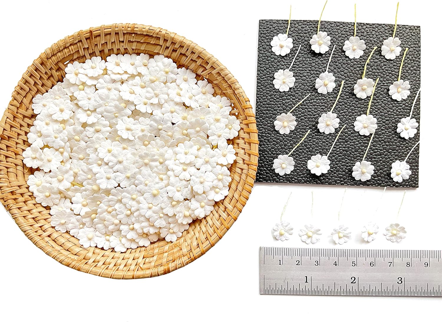 Set of 50 Tiny. Pretty Flowers Embellishment with Thread stem Off White Size 0.31" Mulberry Paper Flowers Craft Supplies Scrap Booking Embellishments for so Many Card Craft Projects