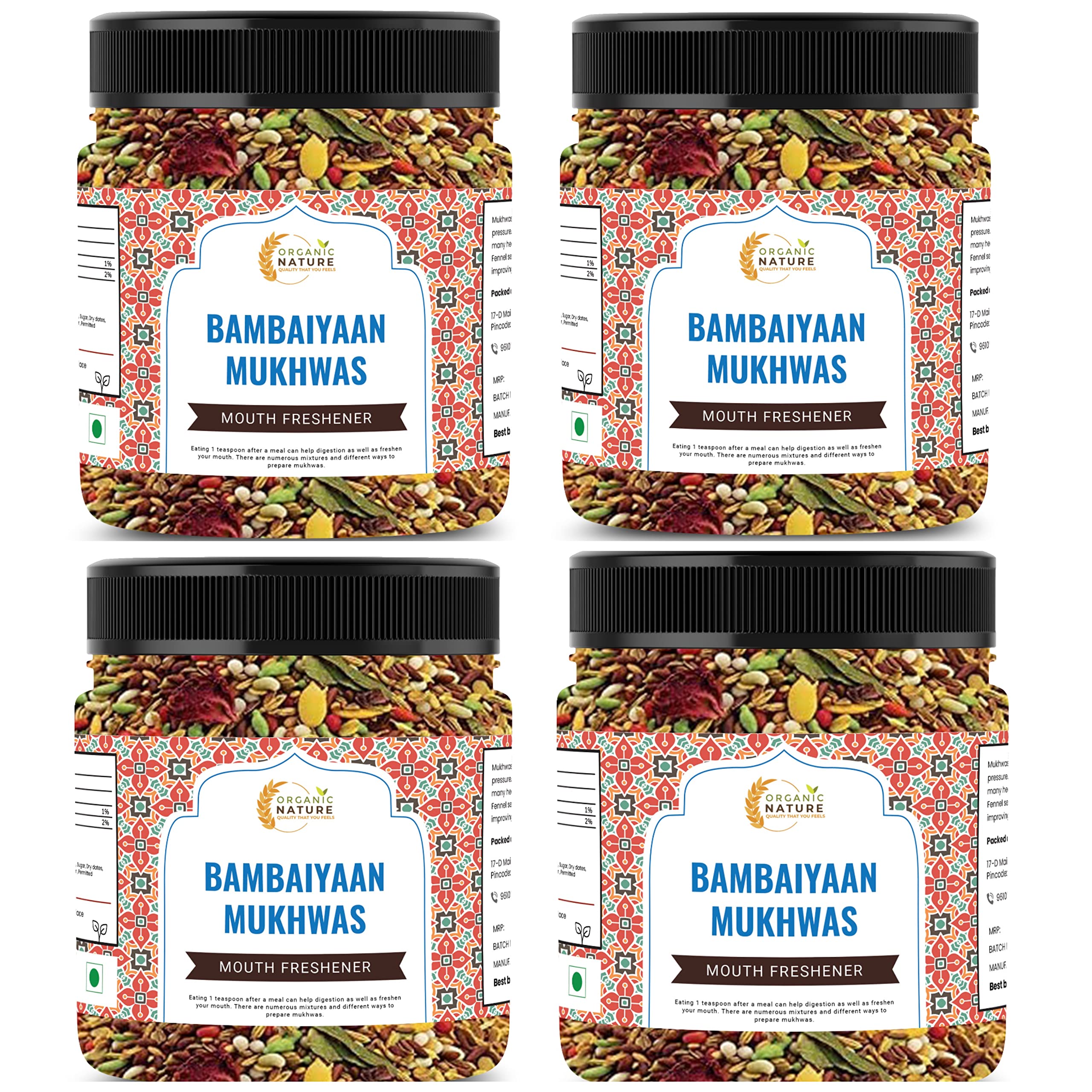 Organic Nature Homemade Bambaiya Mukhwas Mouth Freshener (Jar Pack) (1200 Grams (Pack of 4 of 300 Grams))