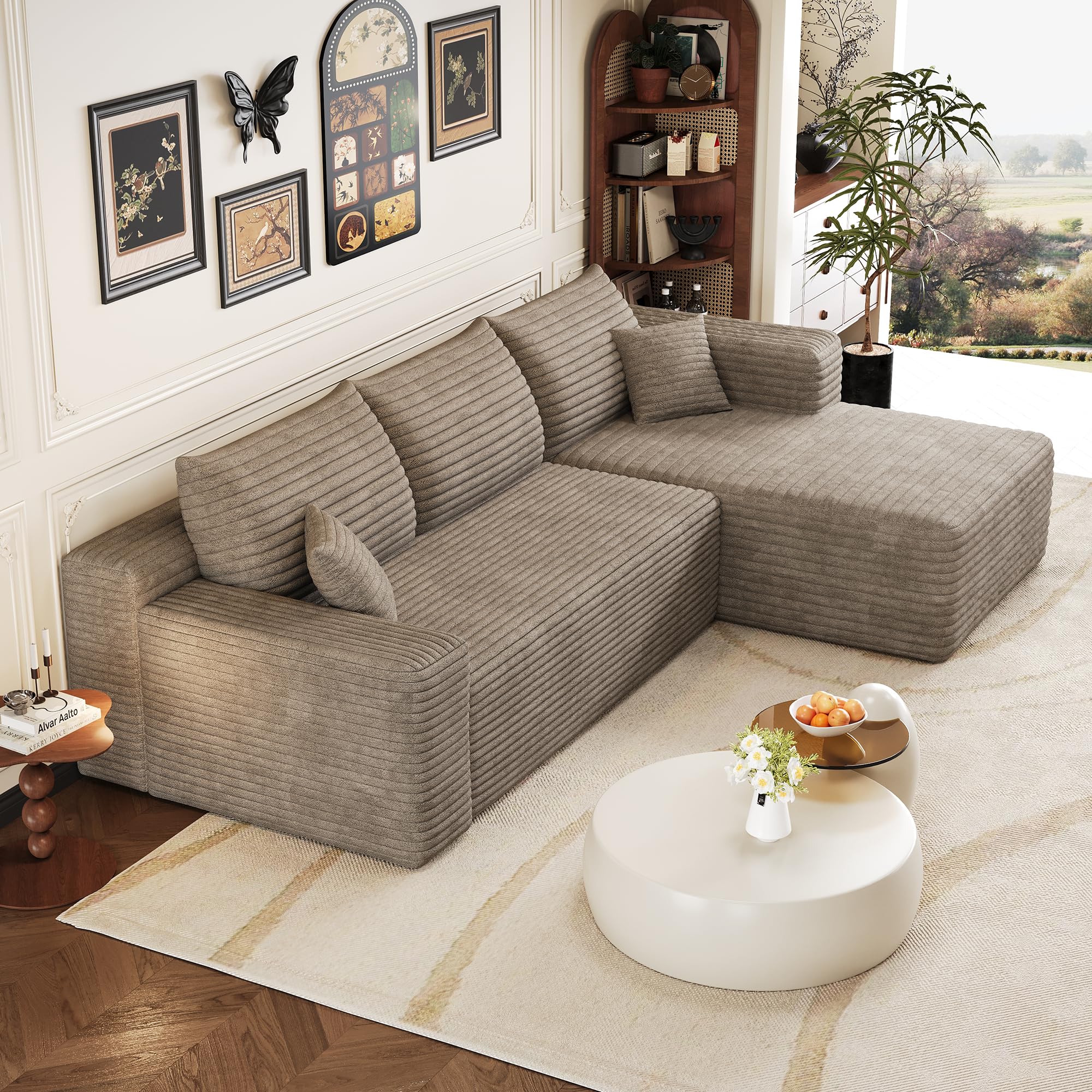 241 cm sofá convertible, sofá esquinero, sofá modular, asiento profundo, sofá de 3 plazas con meridiana, sofá comprimido en forma de L, color marrón claro