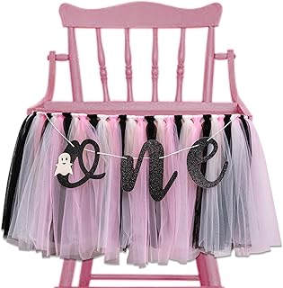 Halloween Themed Birthday Highchair Banner - Little Ghost 1st/First Birthday Party Decoration,Spooky One Groovy Garland,Pink And Black Tutu For Gilrs Baby Decor,Smash Cake Photo Props (Halloween banner black and pink)