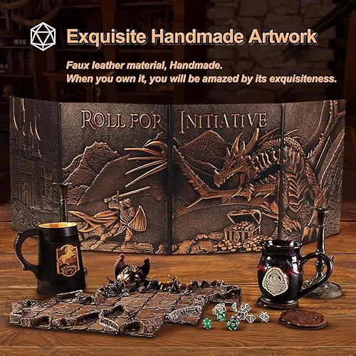 Miniatura 7 de DND DM Screen 5e, D&D Dungeon Master - Pantalla 3D de piel sintética de 4 paneles con inserciones personalizables, accesorios de rol GM de Calabozos