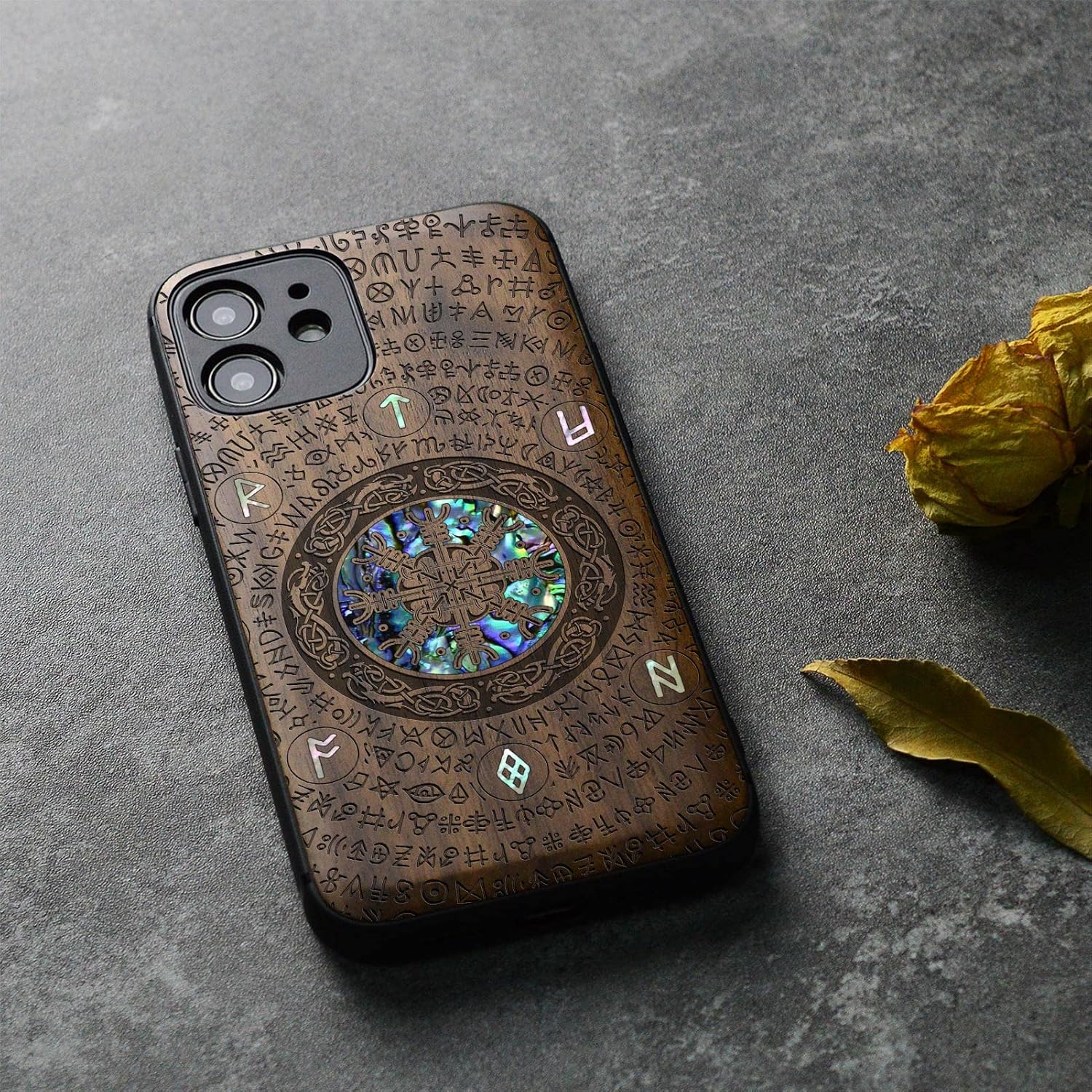 Carveit Designer Wooden Protective Case for iPhone 12 Magnetic Cover [Wood Engraving & Shell Inlay] Wood Phone Case Compatible with iPhone 12 MagSafe 6.1 Inch (Viking-Walnut)