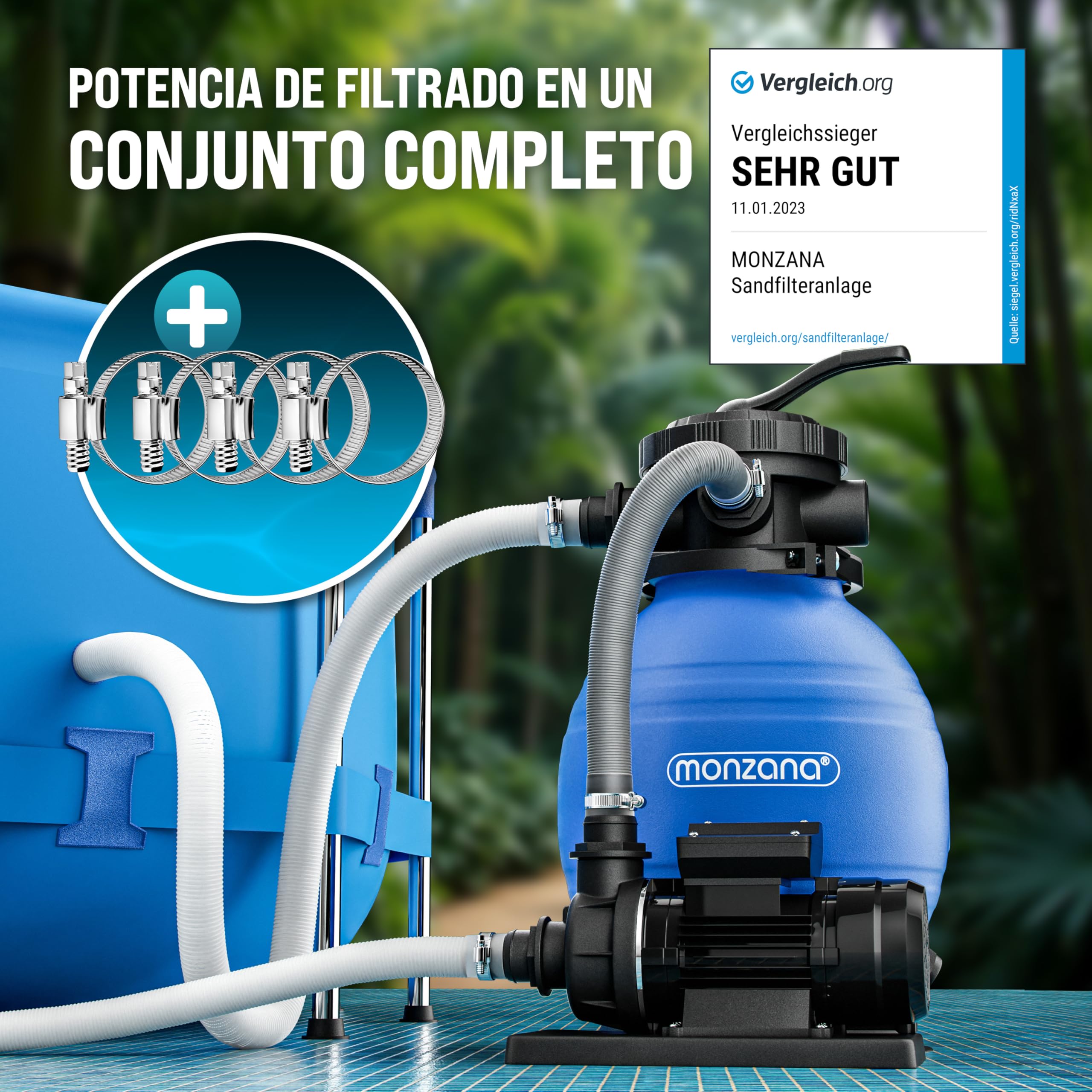MONZANA® Depuradora Piscina 10.200 L/h Filtro de Arena hasta 35.000 L Bomba 400W Válvula 7 Funciones Filtrado Adaptador Ø32-38 mm Indicador de Presión