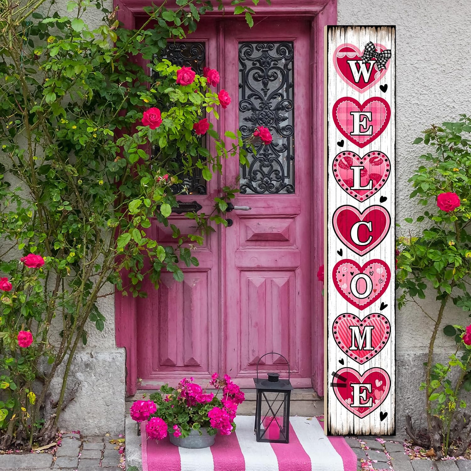 Valentine’s Day Welcome Porch Sign 47.2" Valentine Heart Wooden Welcome Sign Pink Vertical Standing Outdoor Porch Decor for Home Front Door Yard Farmhouse Hanging Romantic Decoration Pink Valentine's Day