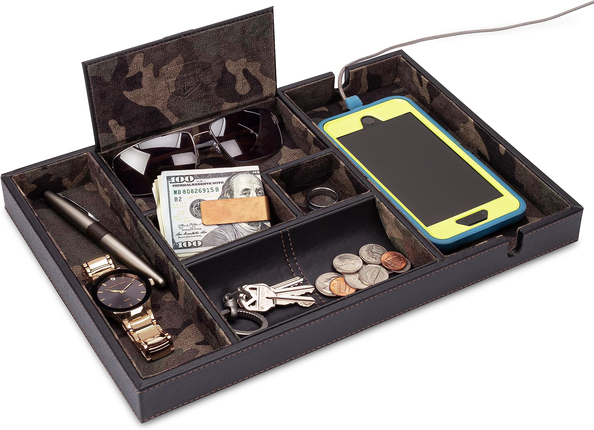 HOUNDSBAY Victory Valet Tray for Men, Camo Gifts for Men, Handmade PU Leather EDC Tray, Scratch Resistant, Nightstand Organizer - Black Woodland Camo