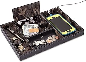 HOUNDSBAY Victory Valet Tray for Men, Camo Gifts for Men, Handmade PU Leather EDC Tray, Scratch Resistant, Nightstand Organizer - Black Woodland Camo