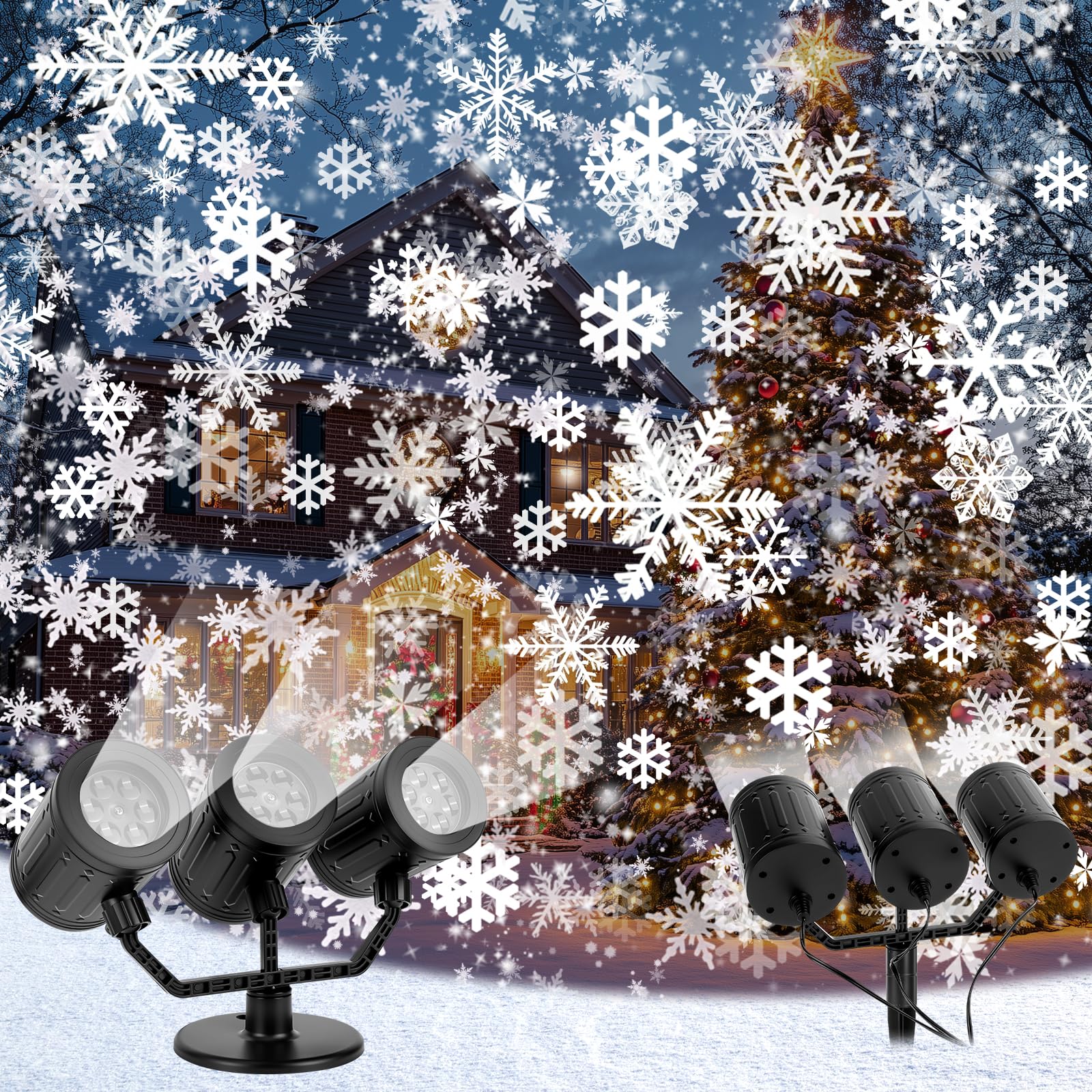 Charmofun Projektor Weihnachts Aussen, 3-Kopf Dynamische LED Schneeflocke Projektor 360°Rotierende mit Timer, Wasserdicht, Weihnachtsbeleuchtung außen für Garten Fenster Wand Party Weihnachtsdeko