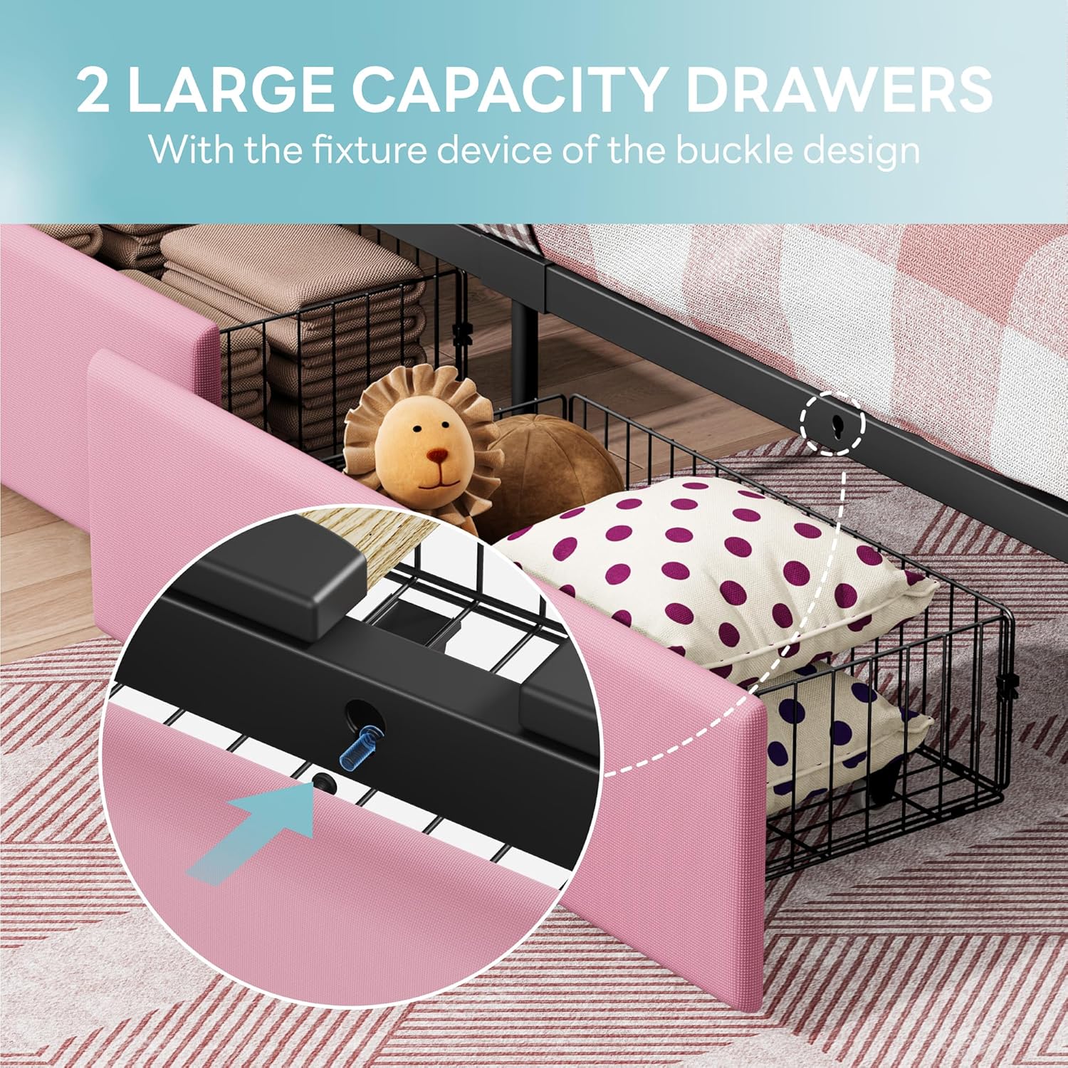 LIKIMIO Twin Bed Frame with 2 Storage Drawers, Charging Station & LED Lights, Upholstered Platform Twin Bed with Storage Headboard, Strong Wooden Slats, No Box Spring Needed, Easy Assembly, Pink