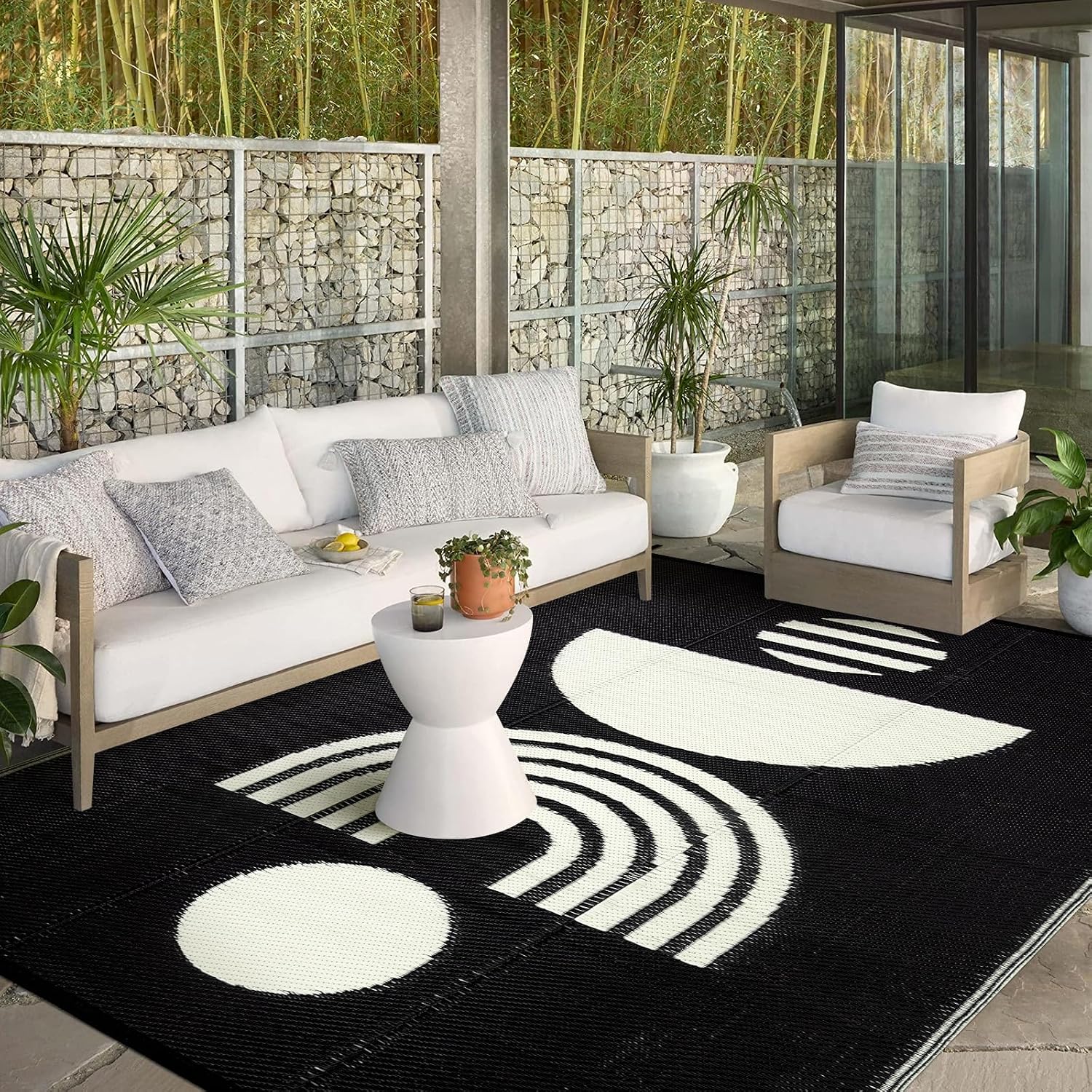 Wonnitar 8x10 Outdoor Rug, Large Waterproof Plastic Rugs for Patios Clearance, Reversible Indoor Outdoor Rugs Portable Outside Deck Area Rug for RV Camping Balcony Garden (Black and White, 8'x10')