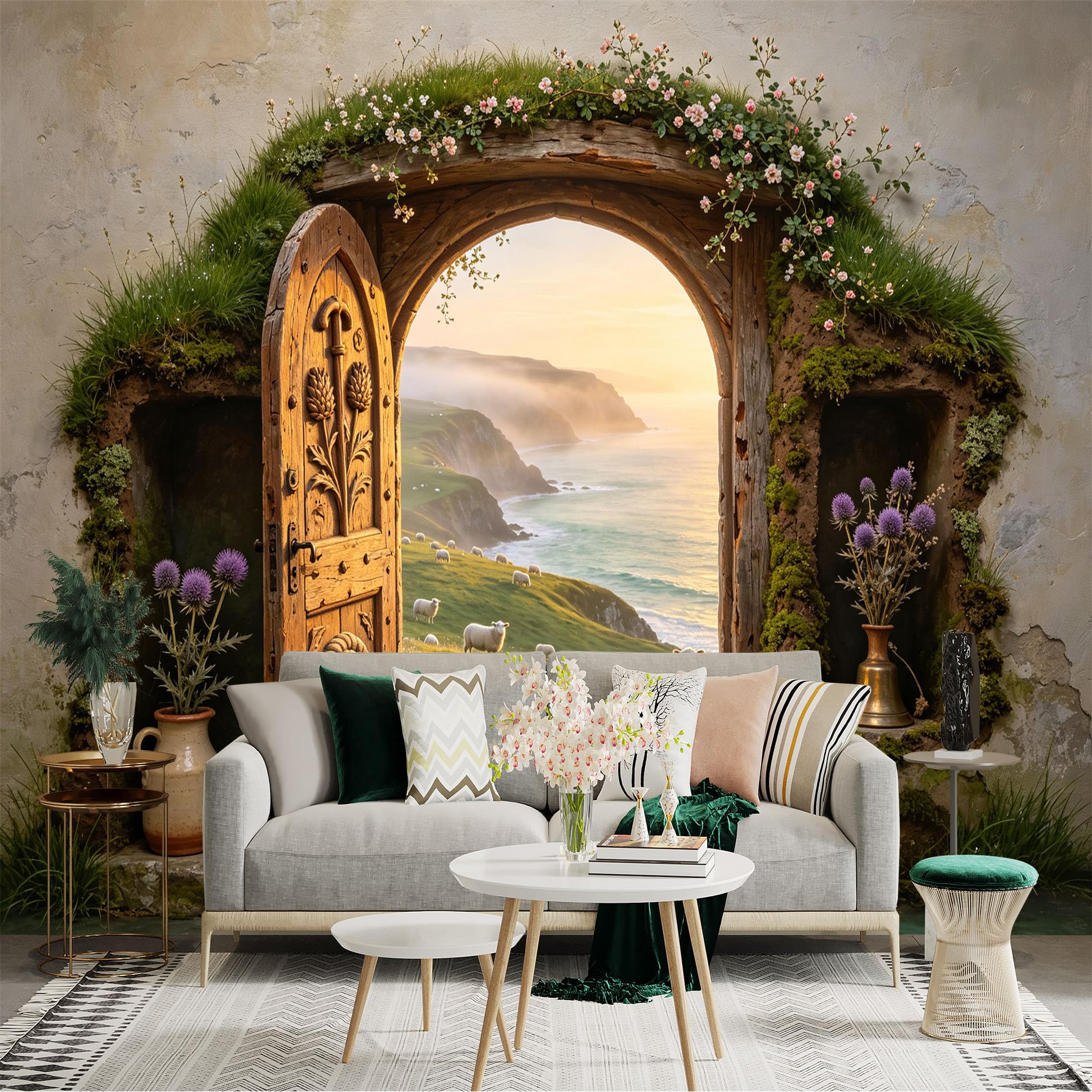 Custom Size Wall Sticker Mural， Rustic Cottage Door， Coastal Meadow， Sheep Landscape， Fantasy Countryside， for wall Decoration， peelandstick wall Decals.