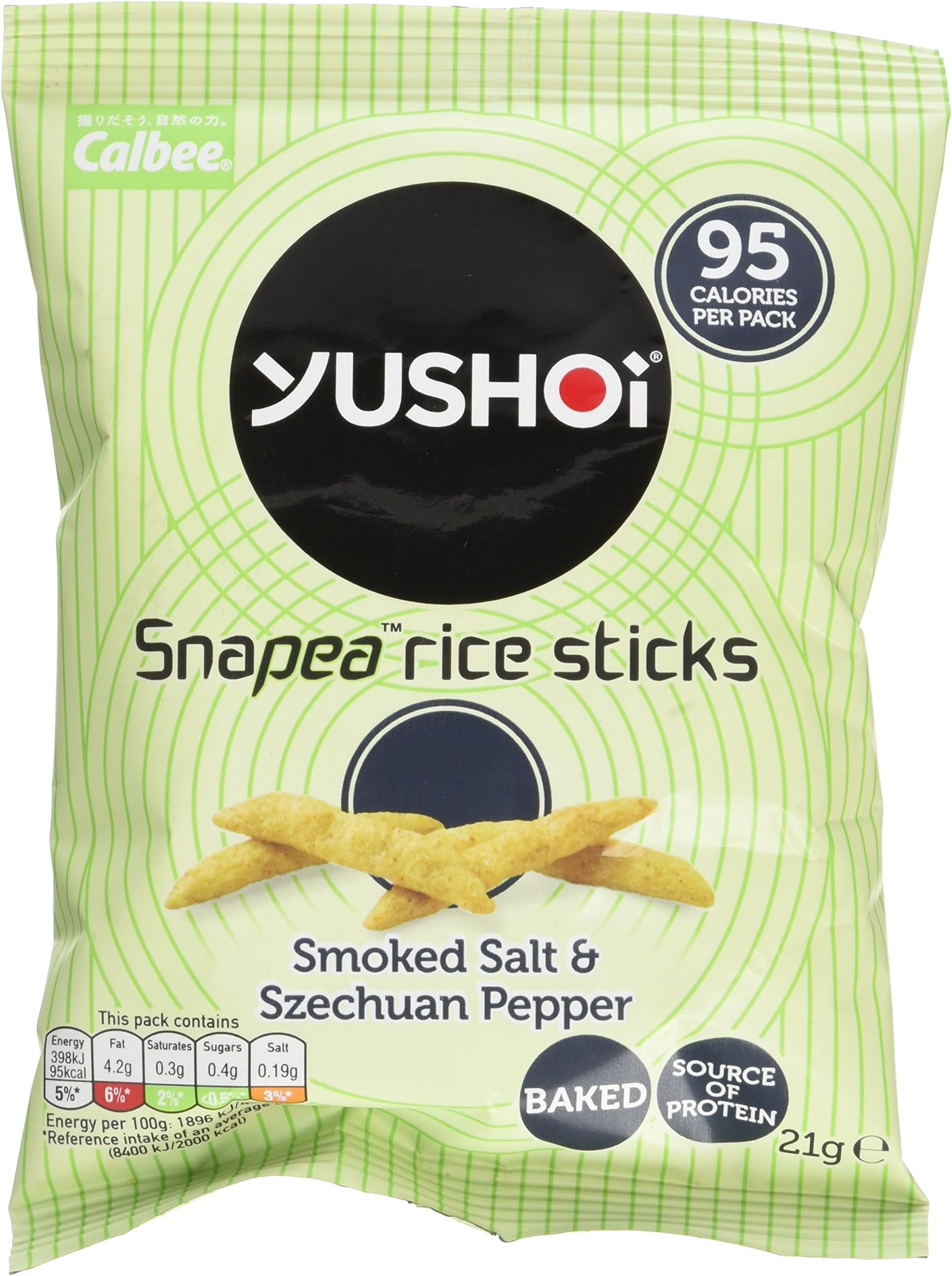 Yushoi Snapea Rice Sticks Savoury Snack Smoked Salt and Szechuan Pepper 21 g (Pack of 24)
