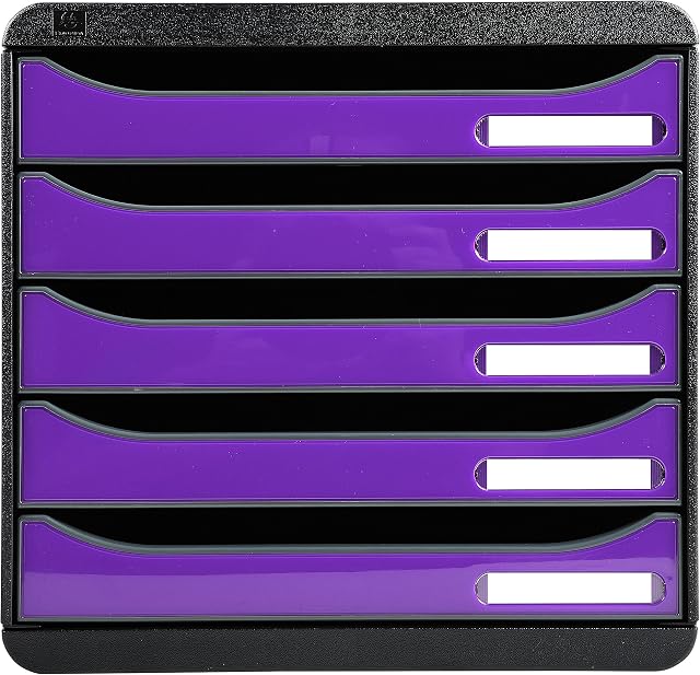 Exacompta - Ref 3097220D - BIG-BOX PLUS Desktop Drawer Set - 5 x 43mm Drawers, Suitable for A4+ Documents, 347 x 278 x 271mm, 100% Recycled Plastic - Black/Glossy Purple