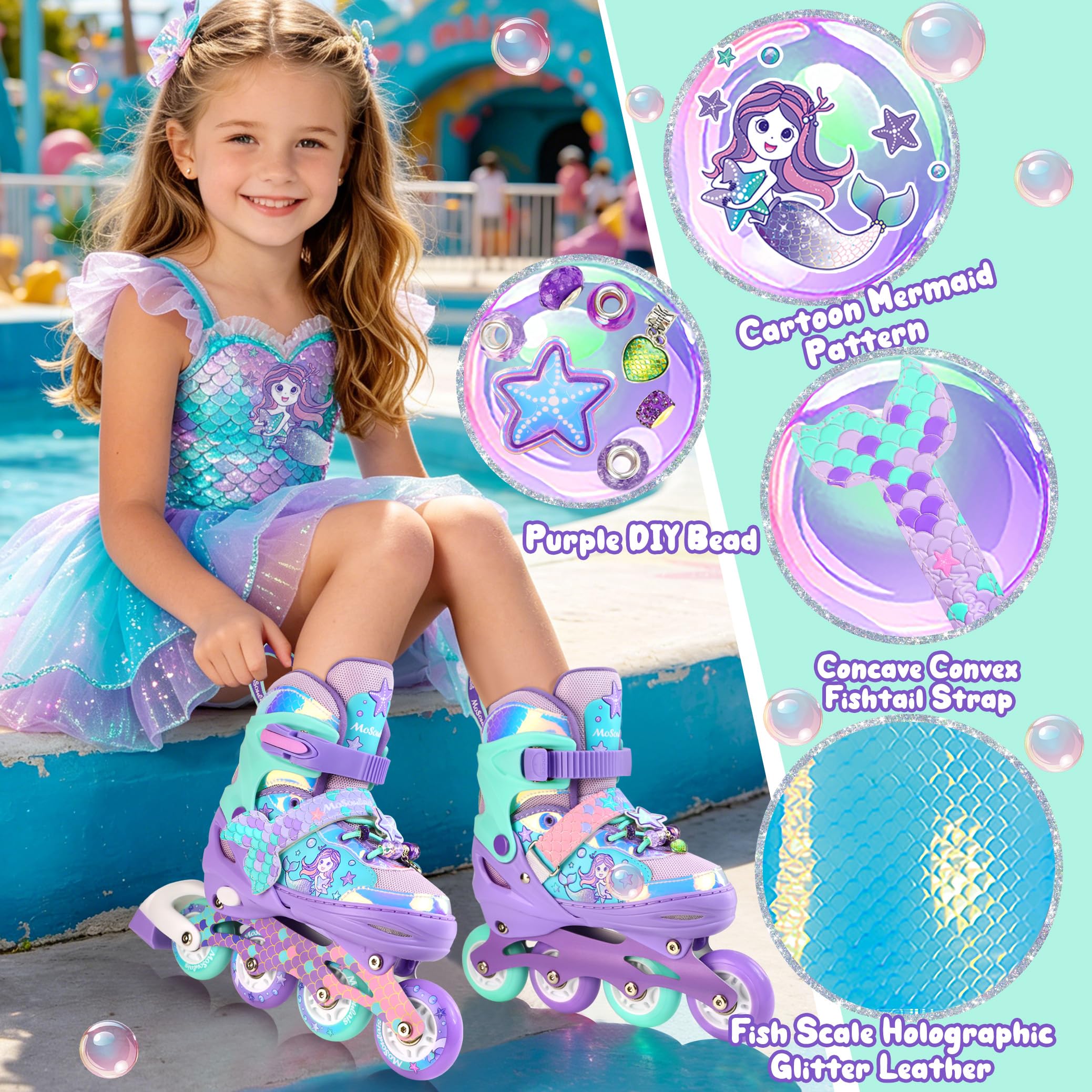 Sirène Patins à roulettes Filles Rollers en Ligne Réglables Tailles Ajustables pour Débutants Filles Garçons Cadeau d'anniversaire Noël