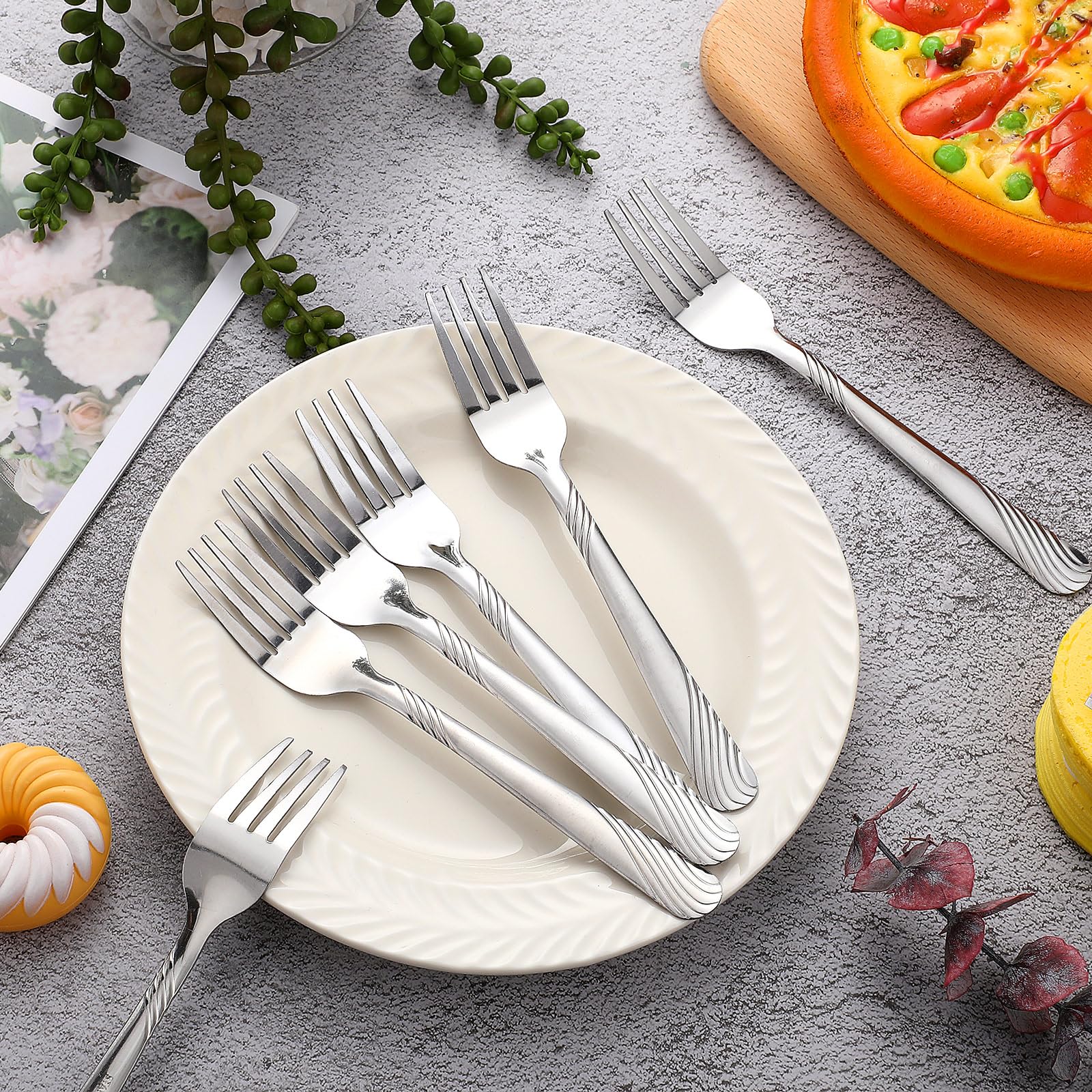 Juego de cubiertos de 100 piezas de tenedores y cucharas de acero inoxidable, tenedores y cucharas pulido para lavavajillas, utensilios para cocina, restaurante o hogar 7