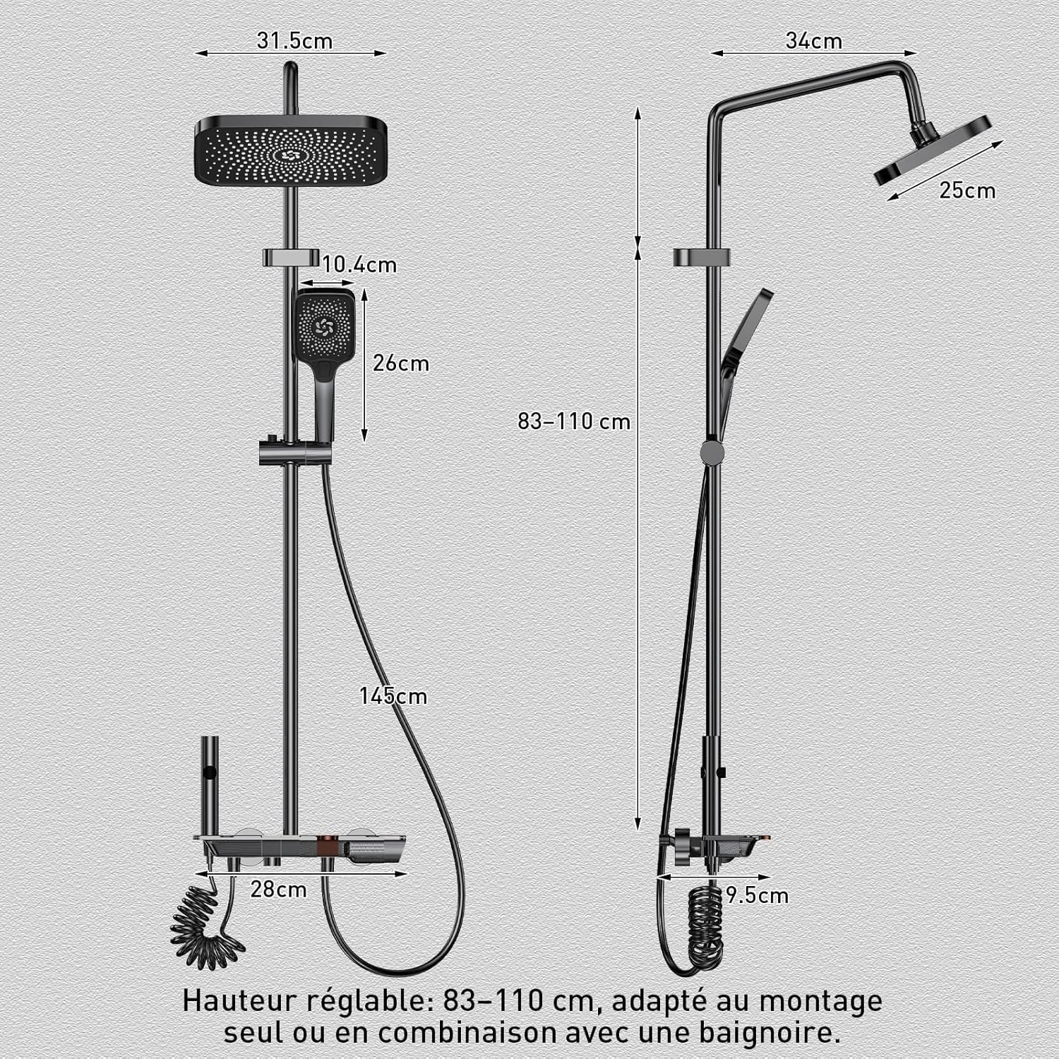 Colonne de Douche avec Mitigeur, Ensemble Douche Tête Pluie XXL 31,5cm, Panneau Commande Piano 4 Fonctions, Hauteur Réglable 83-110cm, pour Baignoire et Salle de Bain - Gris