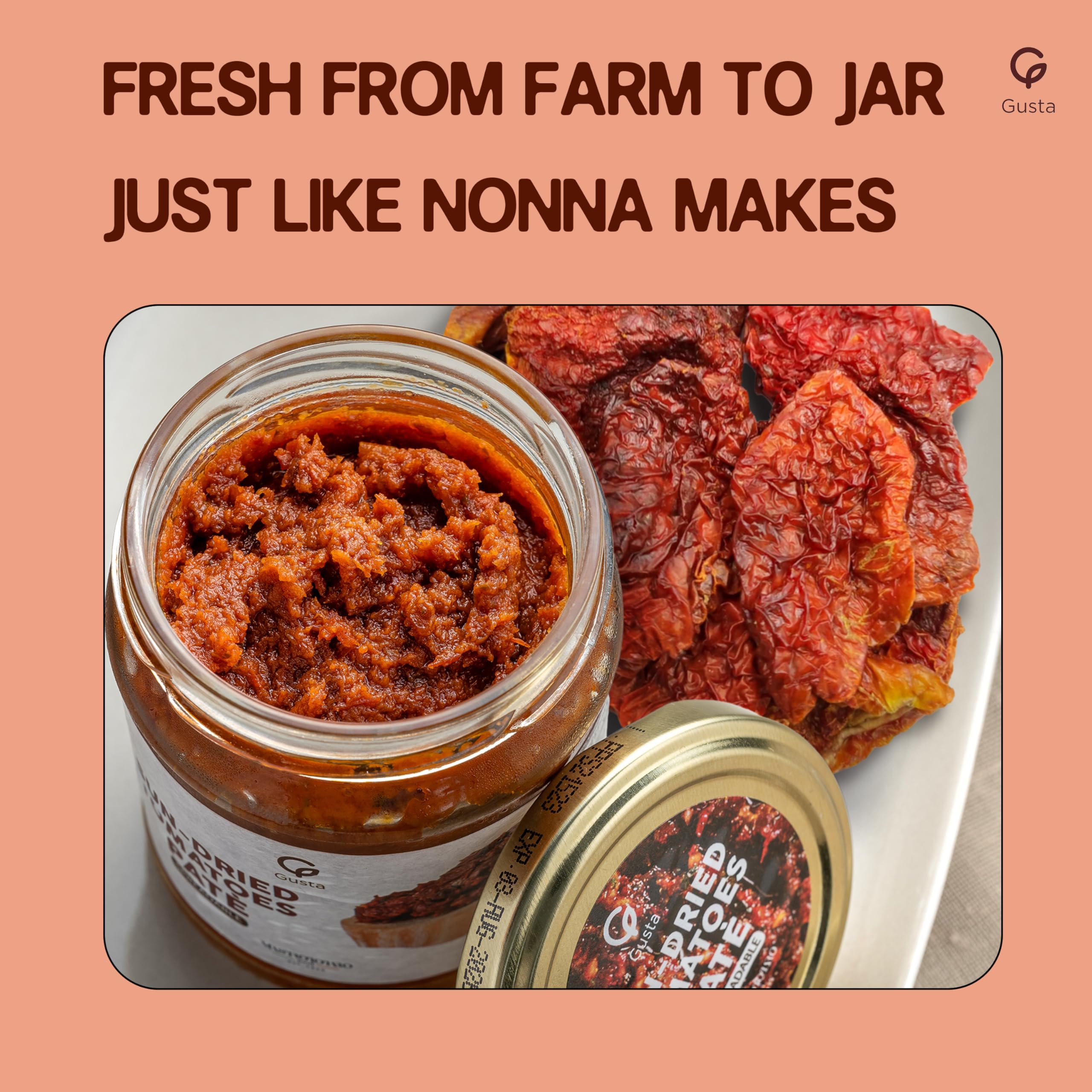 Gusta Sun-Dried Tomato Pate - Made in Italy Dip or Spread - Paste of Sundried Tomatoes in Jar with Extra Virgin Olive Oil - Non-GMO, All Natural - Perfect for Tomato Pesto - 6.35oz Glass Jar